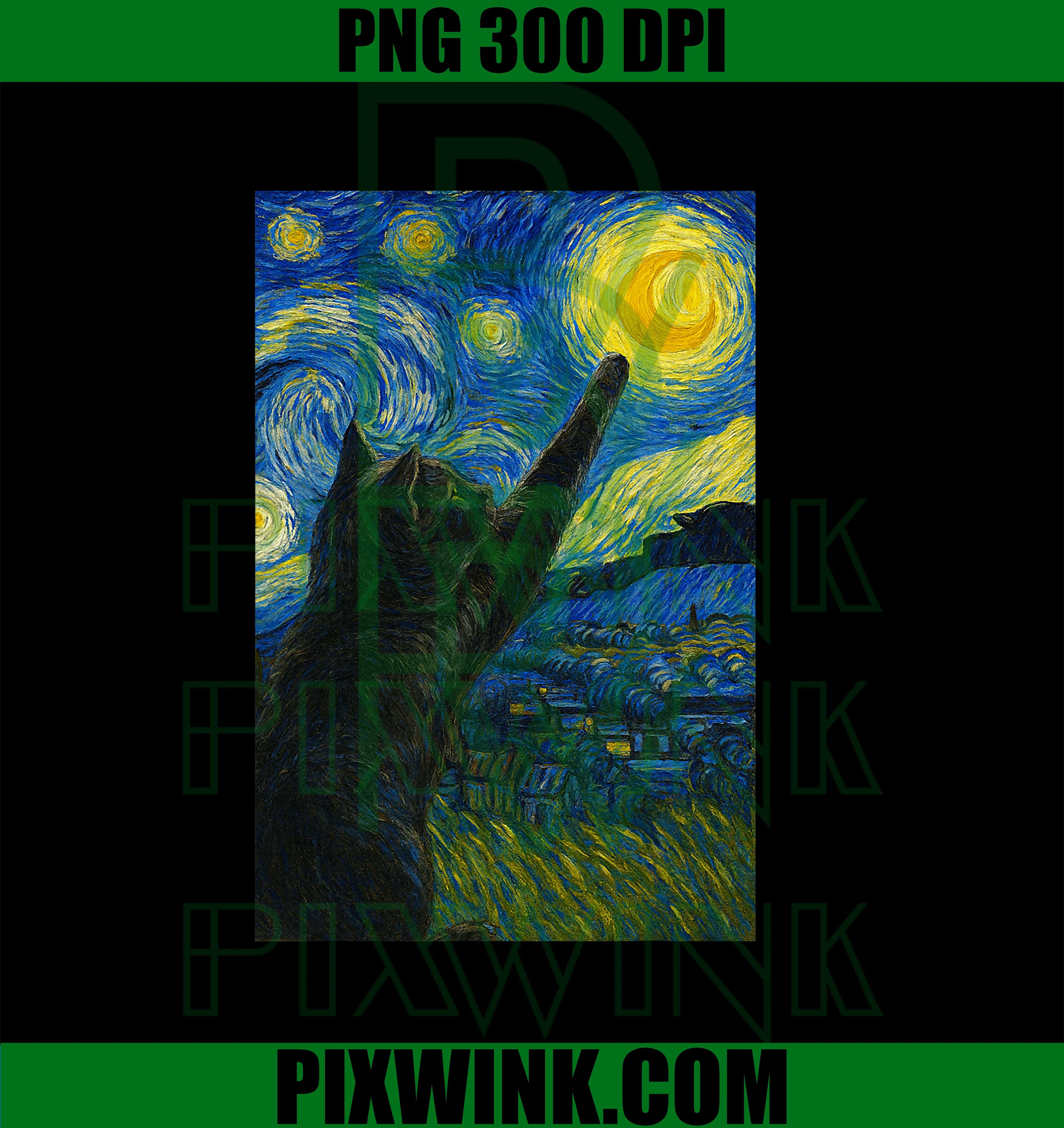 Black Cat Starry Night Dreamer Van Gogh Style Moon Art PNG