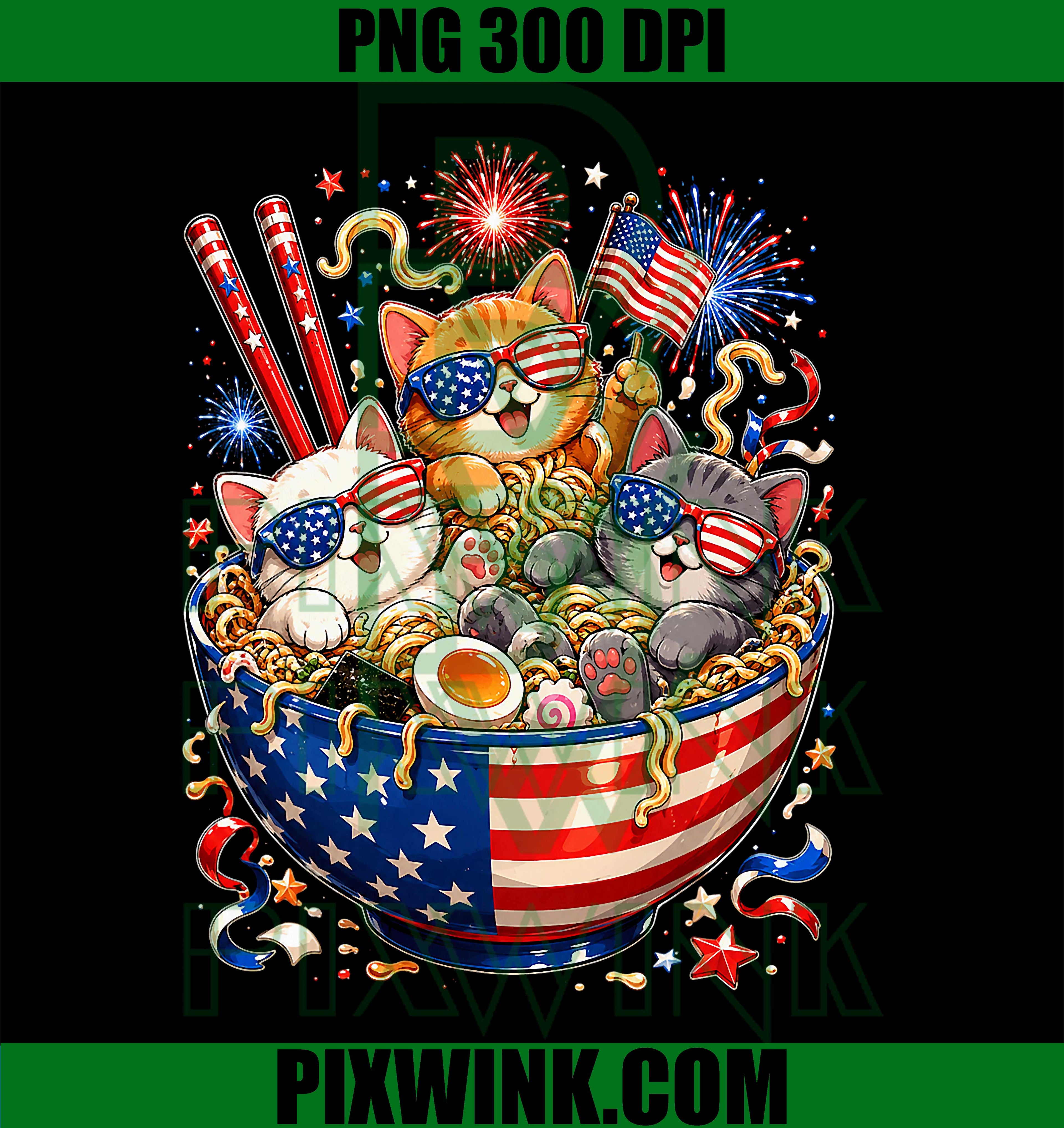 Noodle Cats Ramen American Flag PNG, USA Funny 4th Of July PNG