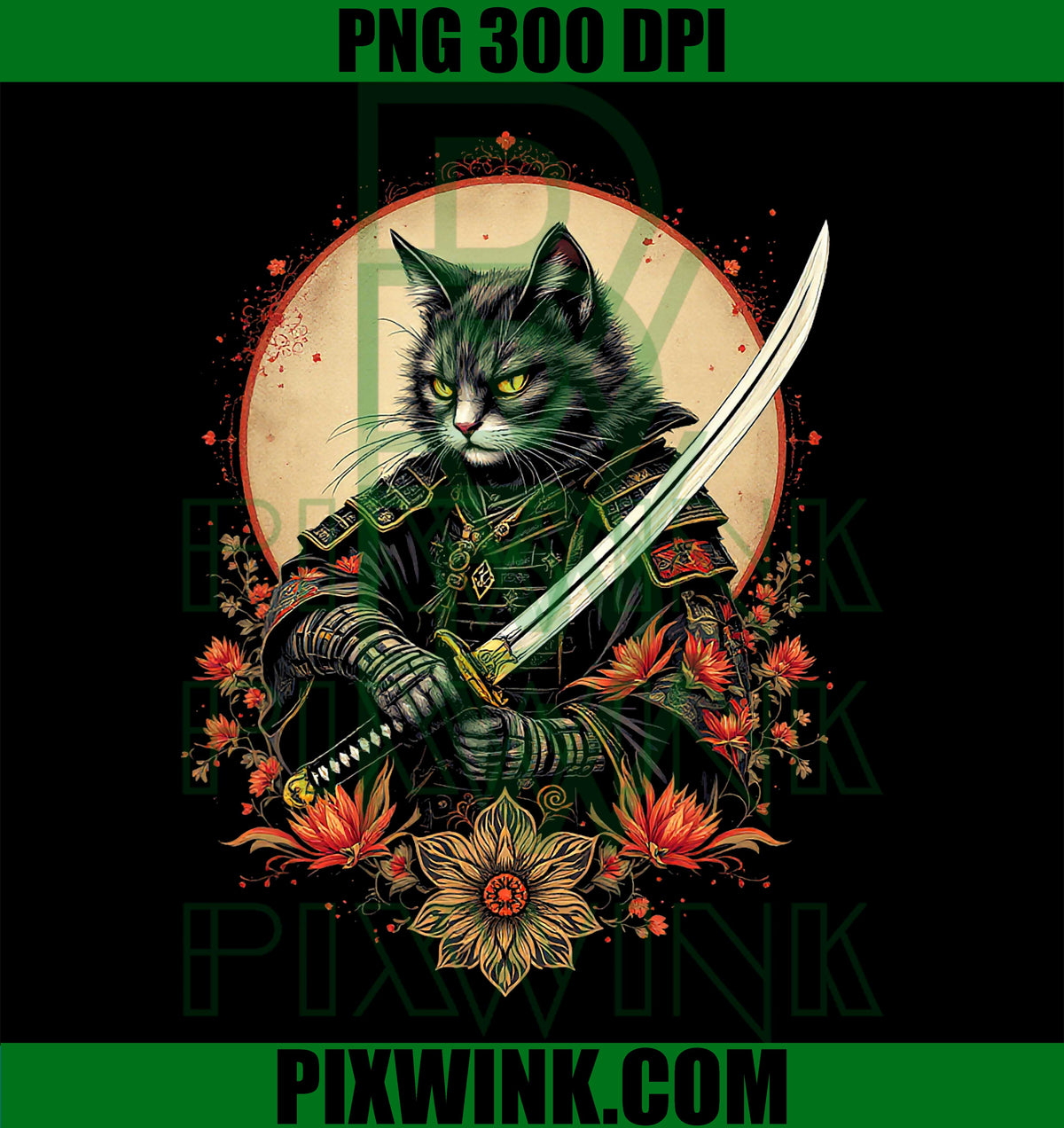 Samurai Cat PNG, Retro Ninja Kitten Art PNG