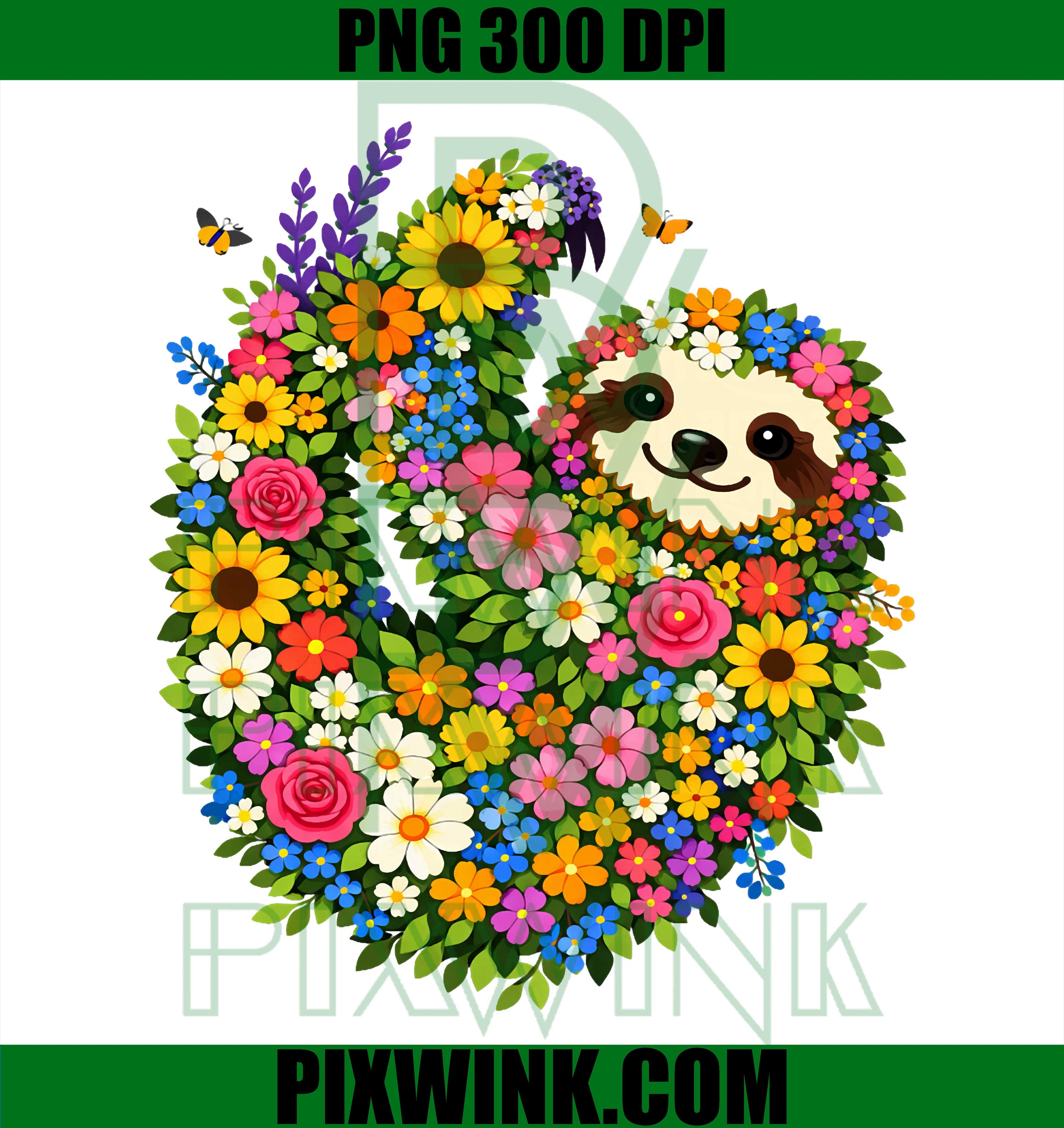 Wildflowers Sloth PNG, Floral Gardening Sloth Graphic PNG