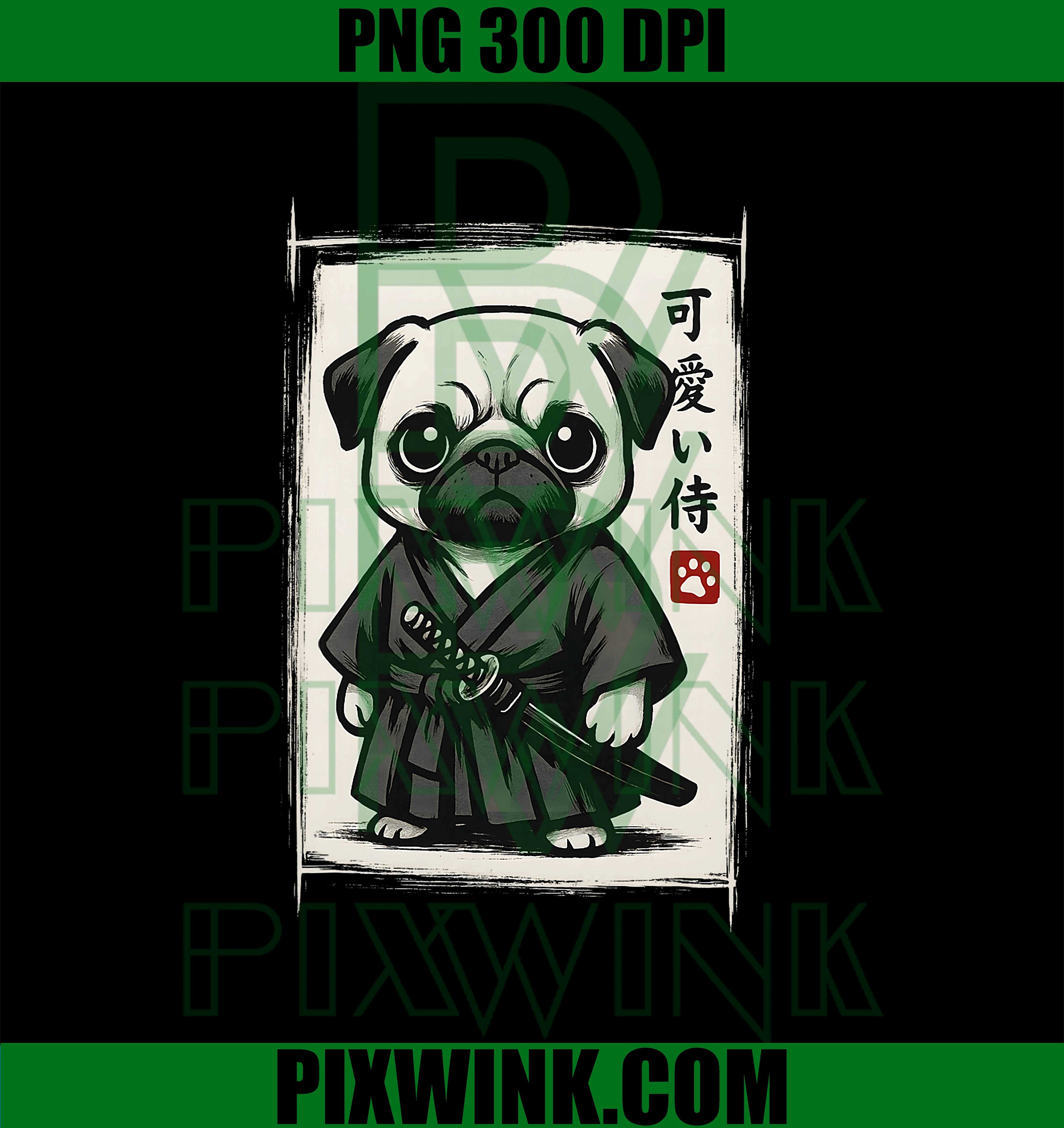 Cute Samurai, Kawaii Pug Art Vintage Japanese Style PNG