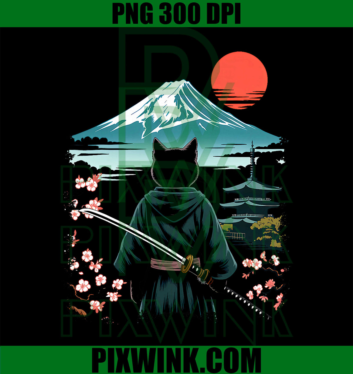 Samurai Cat Warrior Fuji Mount Vintage PNG, Japanese Art Graphic PNG