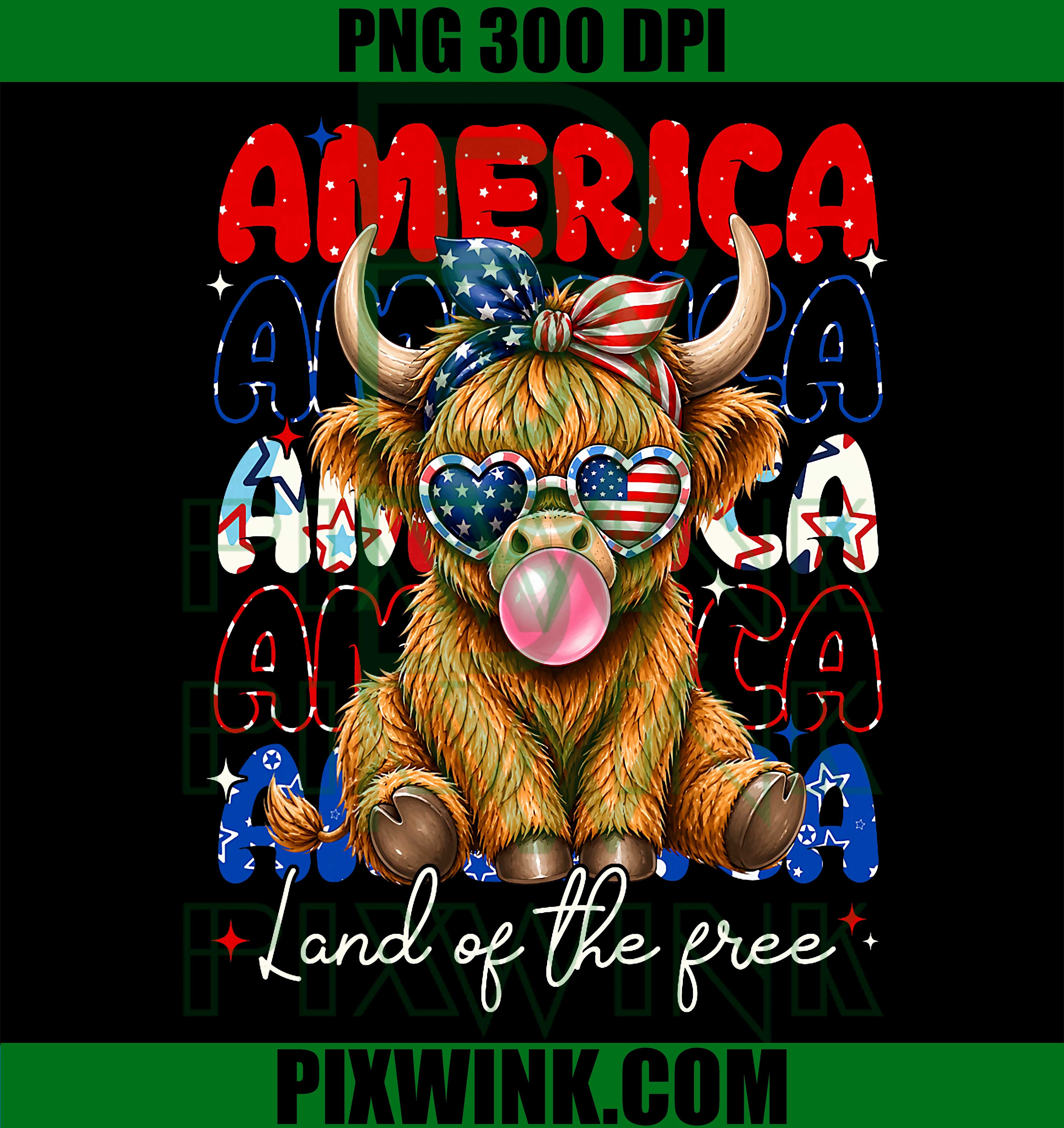 America Land Of The Free Highland Cow PNG, Patriotic Women Girl PNG