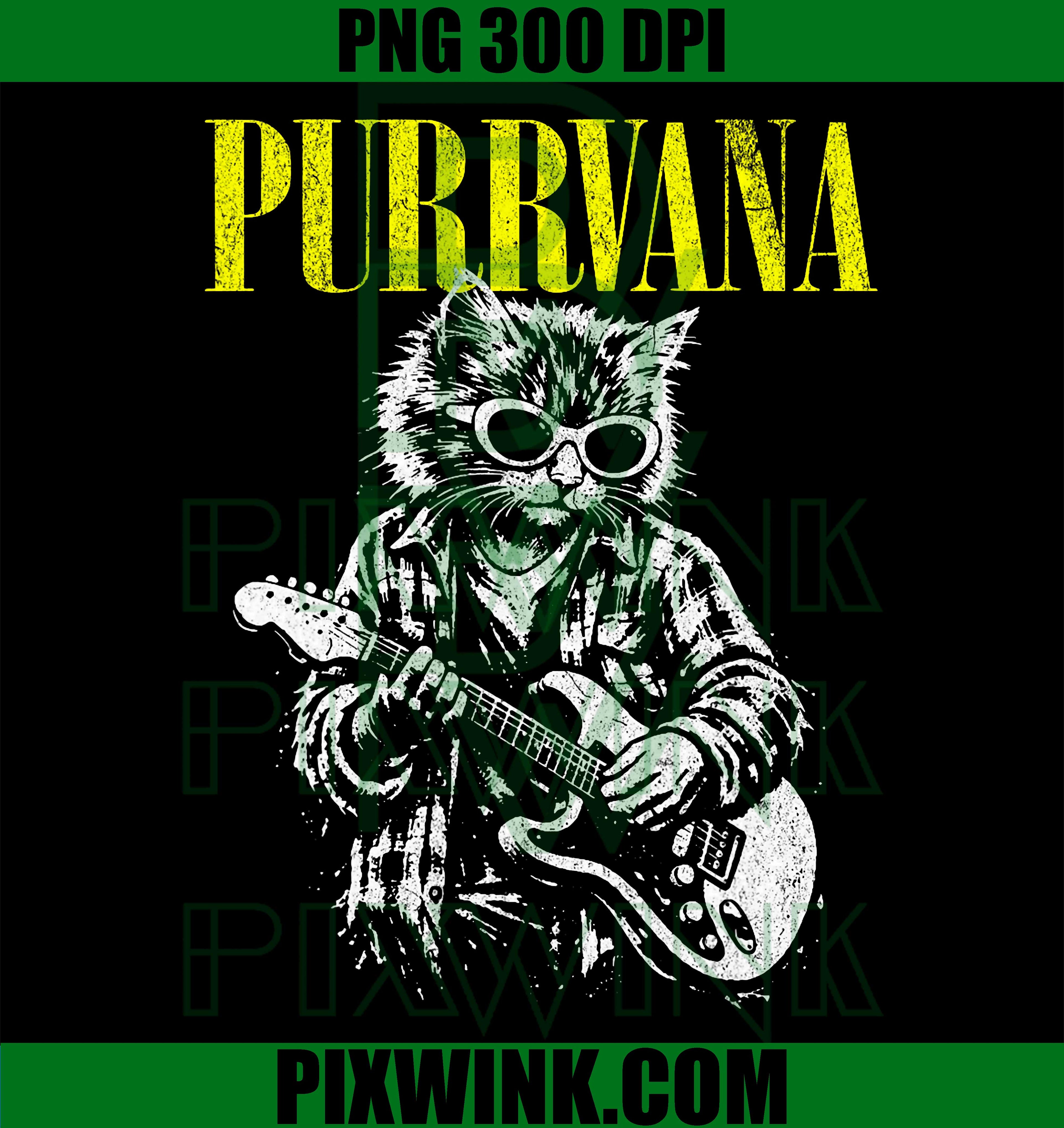 Purrvana Cat PNG, Guitar Cat PNG, Funny Rock Cat PNG