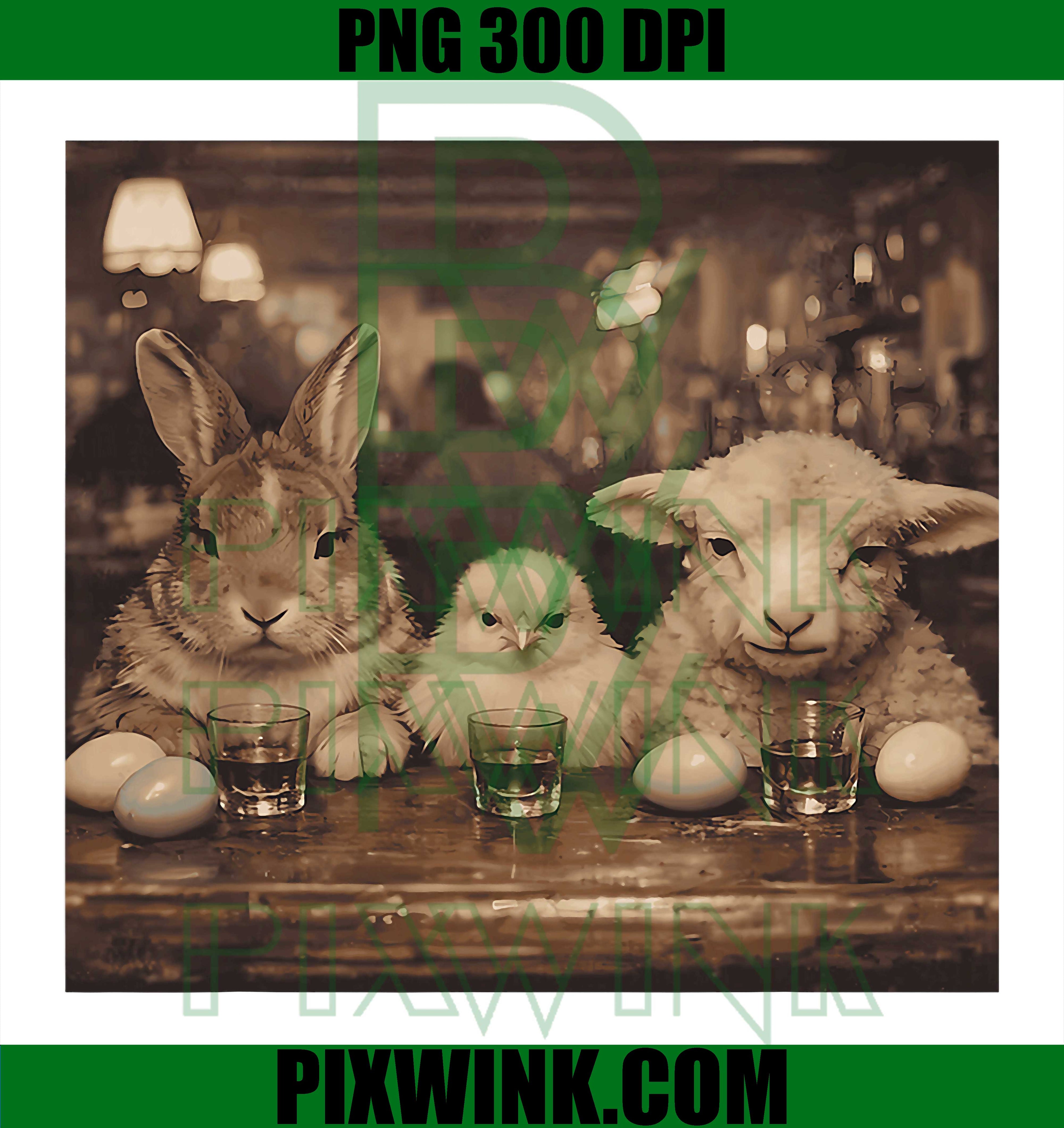 Funny Easter Animals Drinking PNG, Bunny Chick Lamb PNG, Party Easter PNG