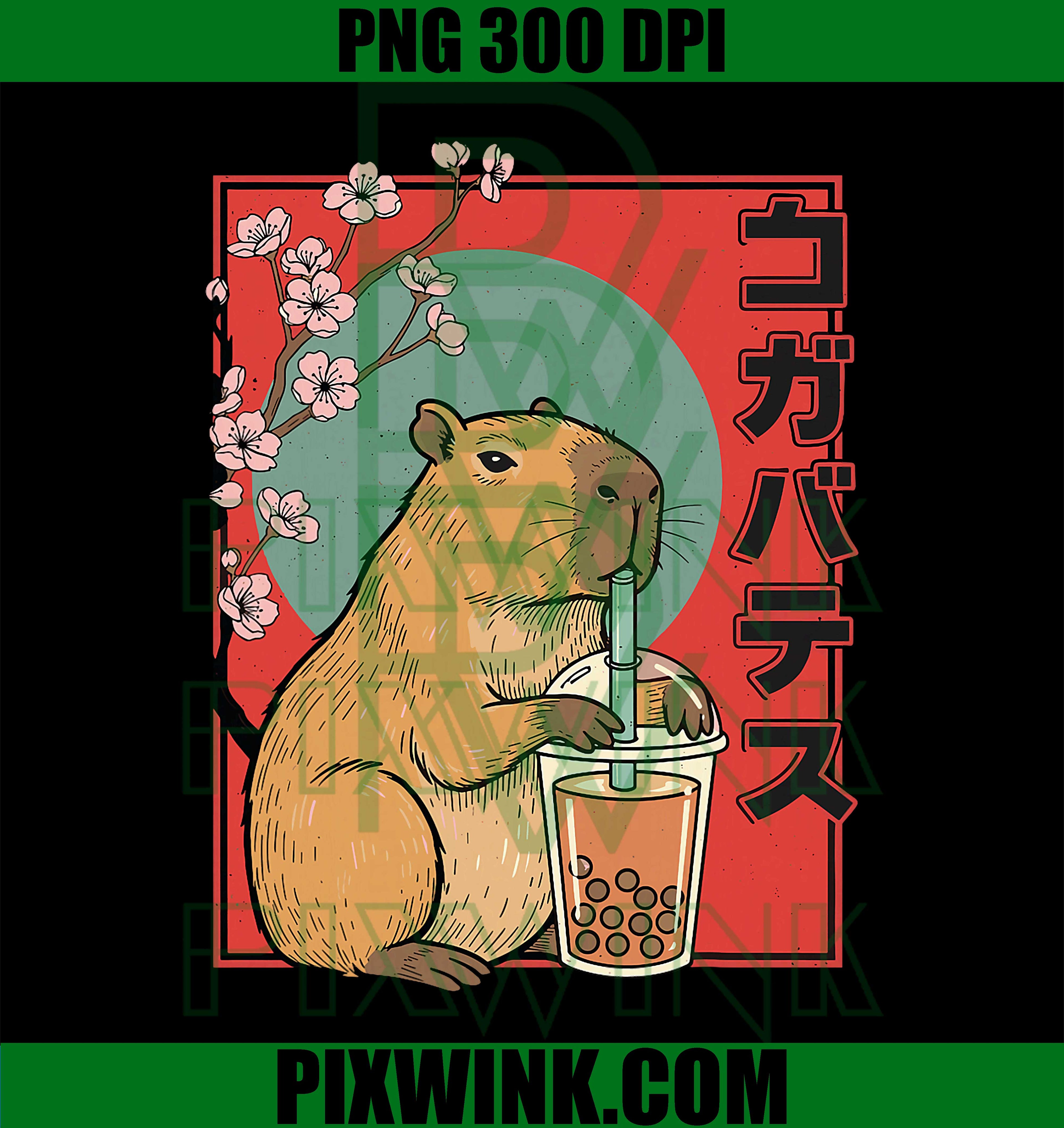 Capybara Boba Tea Japanese Art Cute Vintage PNG