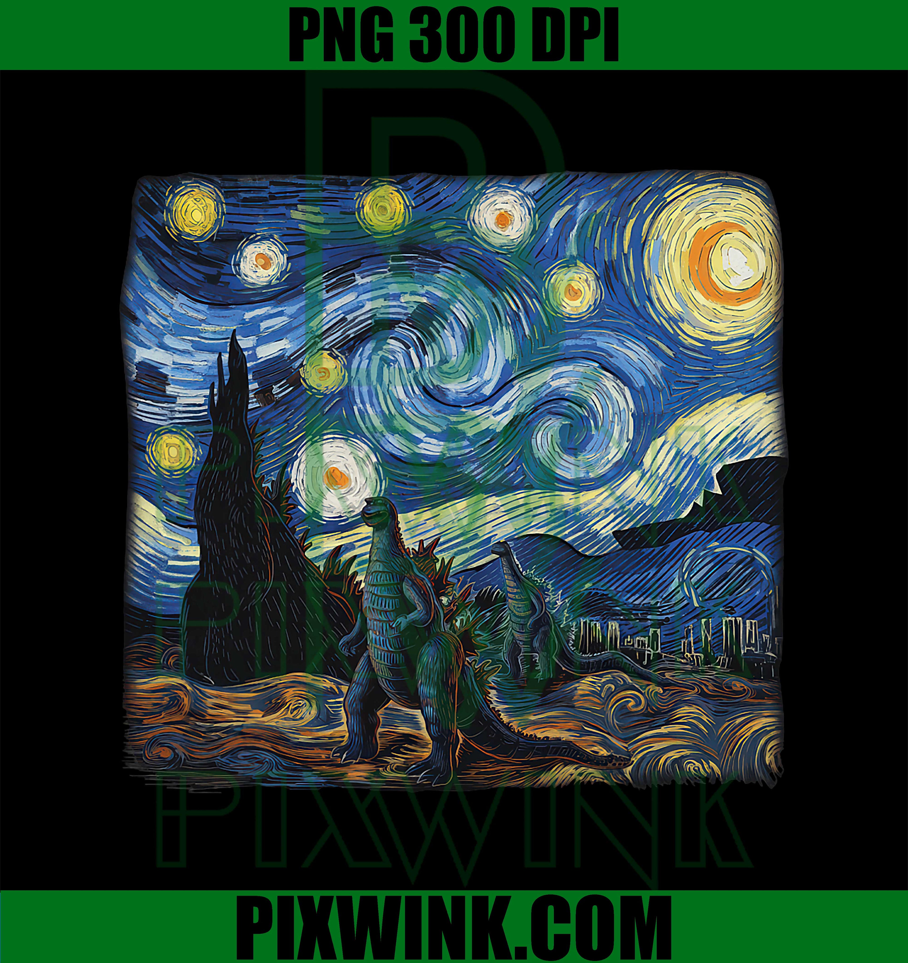 Kaiju, Japanese Monster Van Gogh Starry Night Vintage PNG