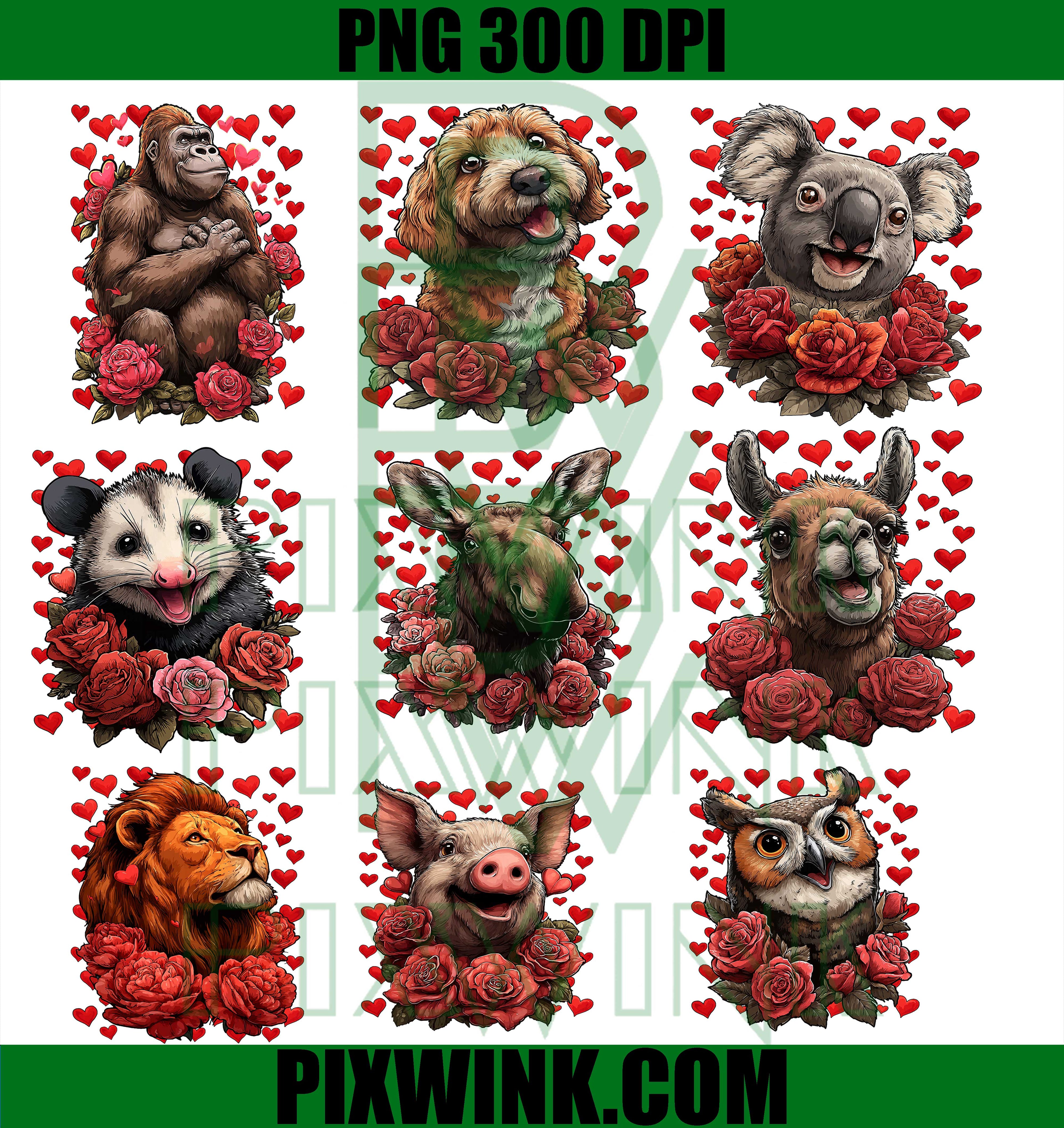 Cute Valentine Animals Bundle PNG 300 DPI – Love Animal Illustrations Set