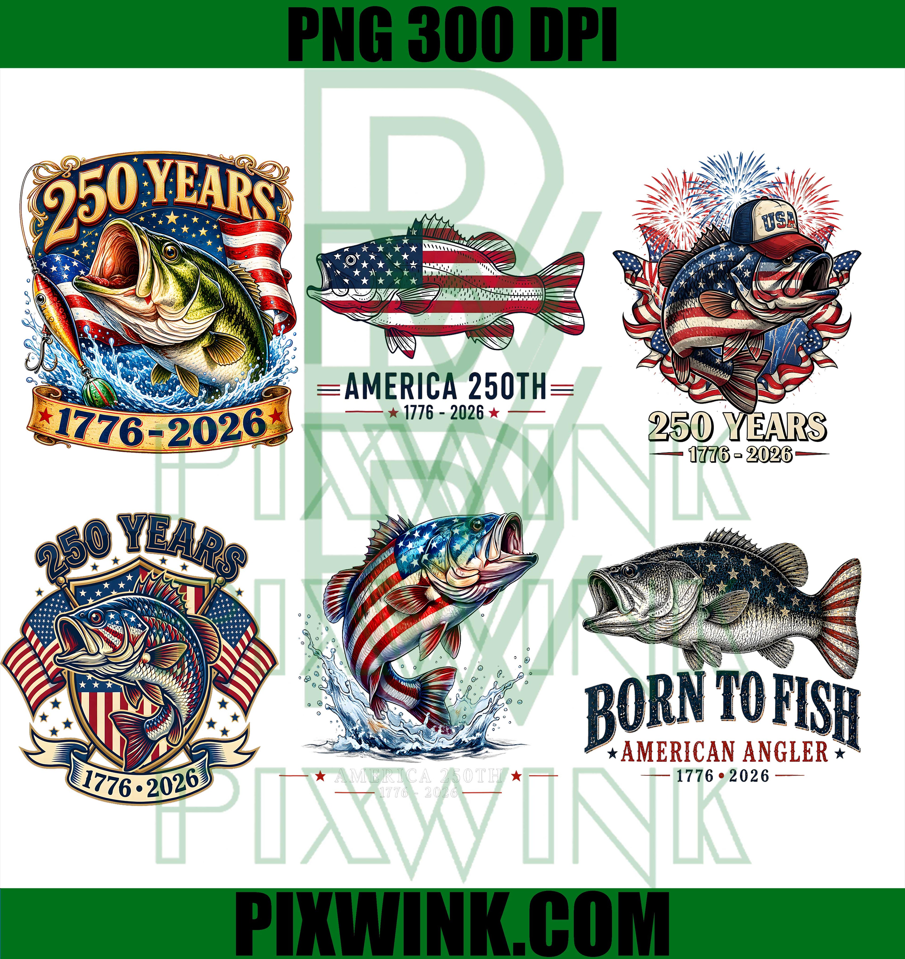 America 250th Bass Fishing Bundle PNG, Patriotic Born To Fish PNG
