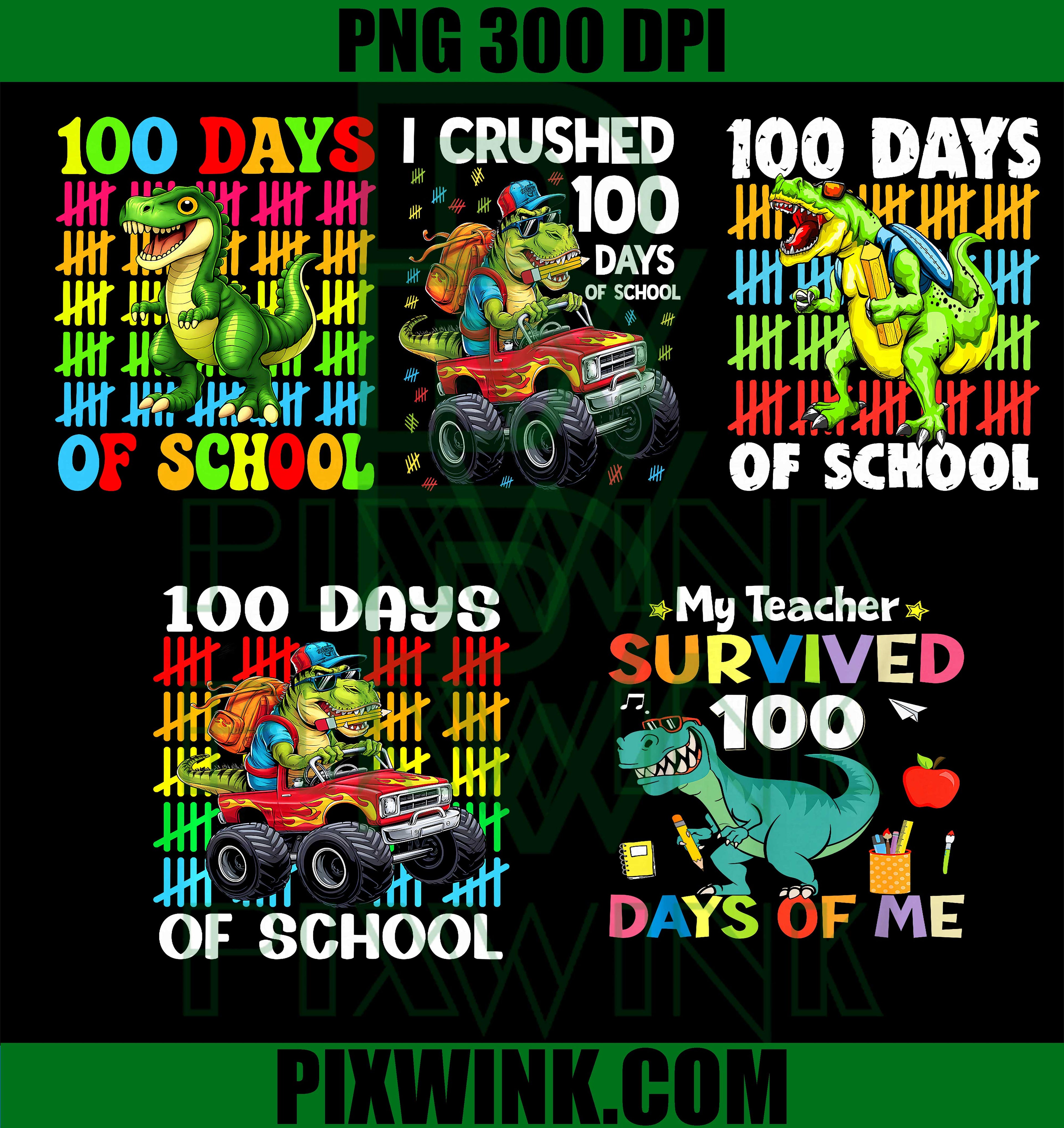 100 Days of School T-Rex Dinosaur PNG Bundle, 100th Day of School Boys PNG