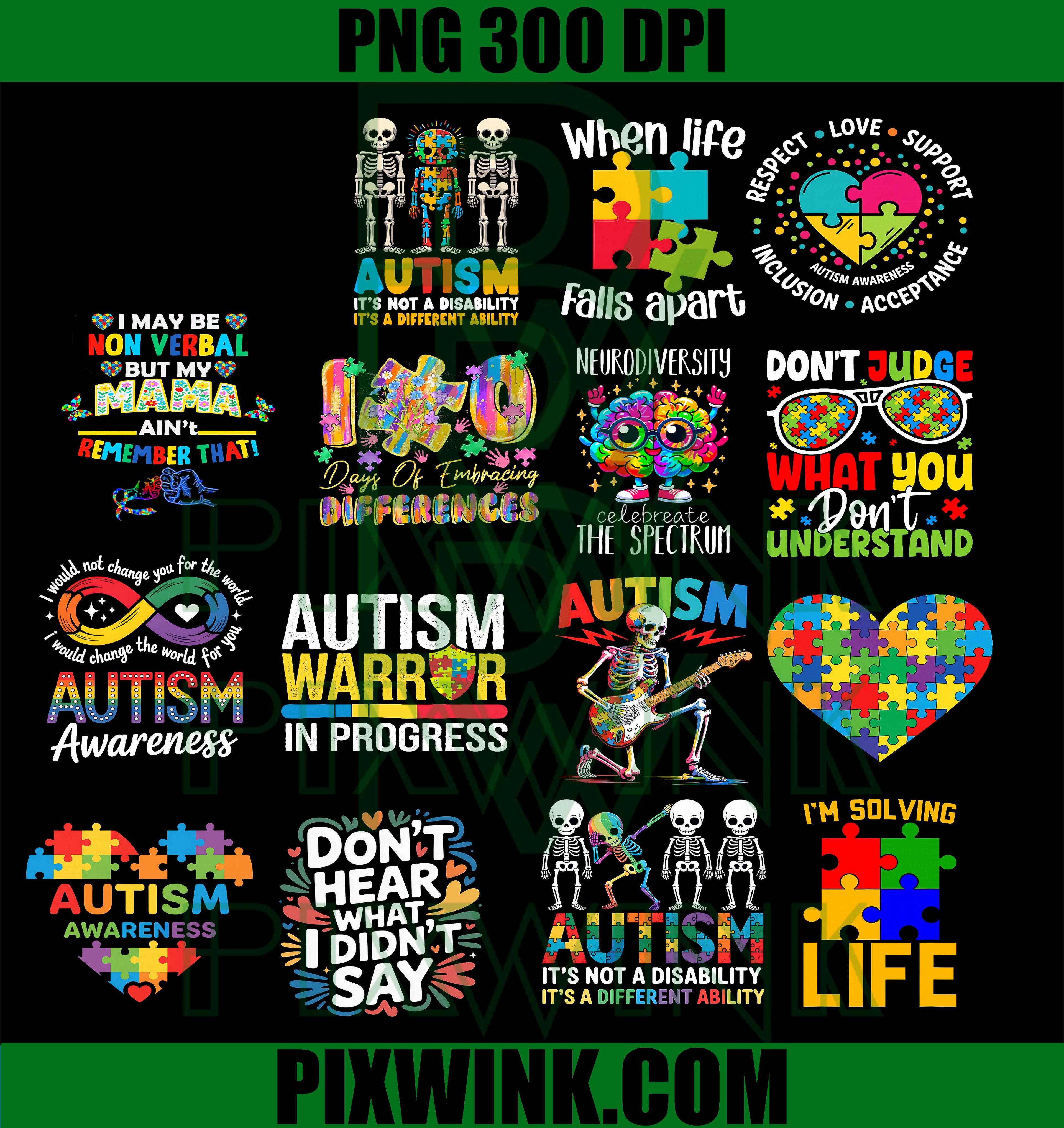 Autism Awareness PNG Bundle, Neurodiverse Quotes PNG Graphics