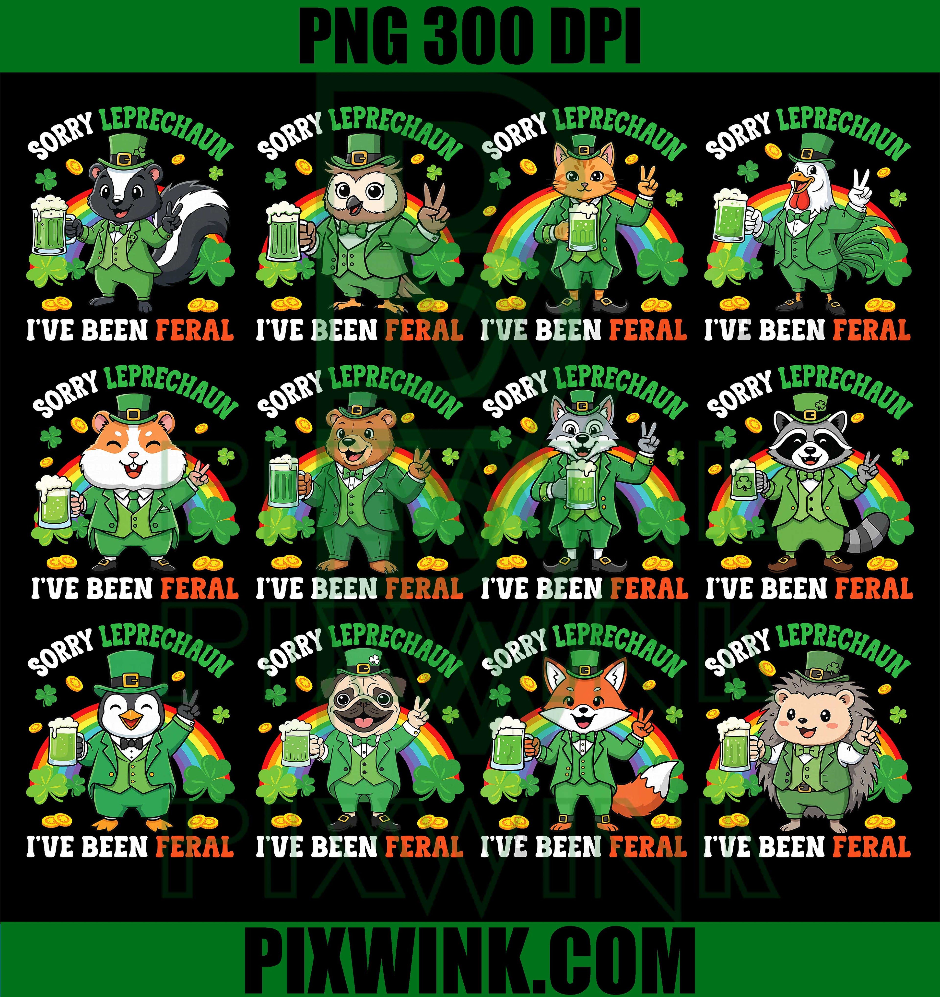 St Patrick’s Day Animal PNG Bundle, Lucky Animal Clipart, 300 DPI