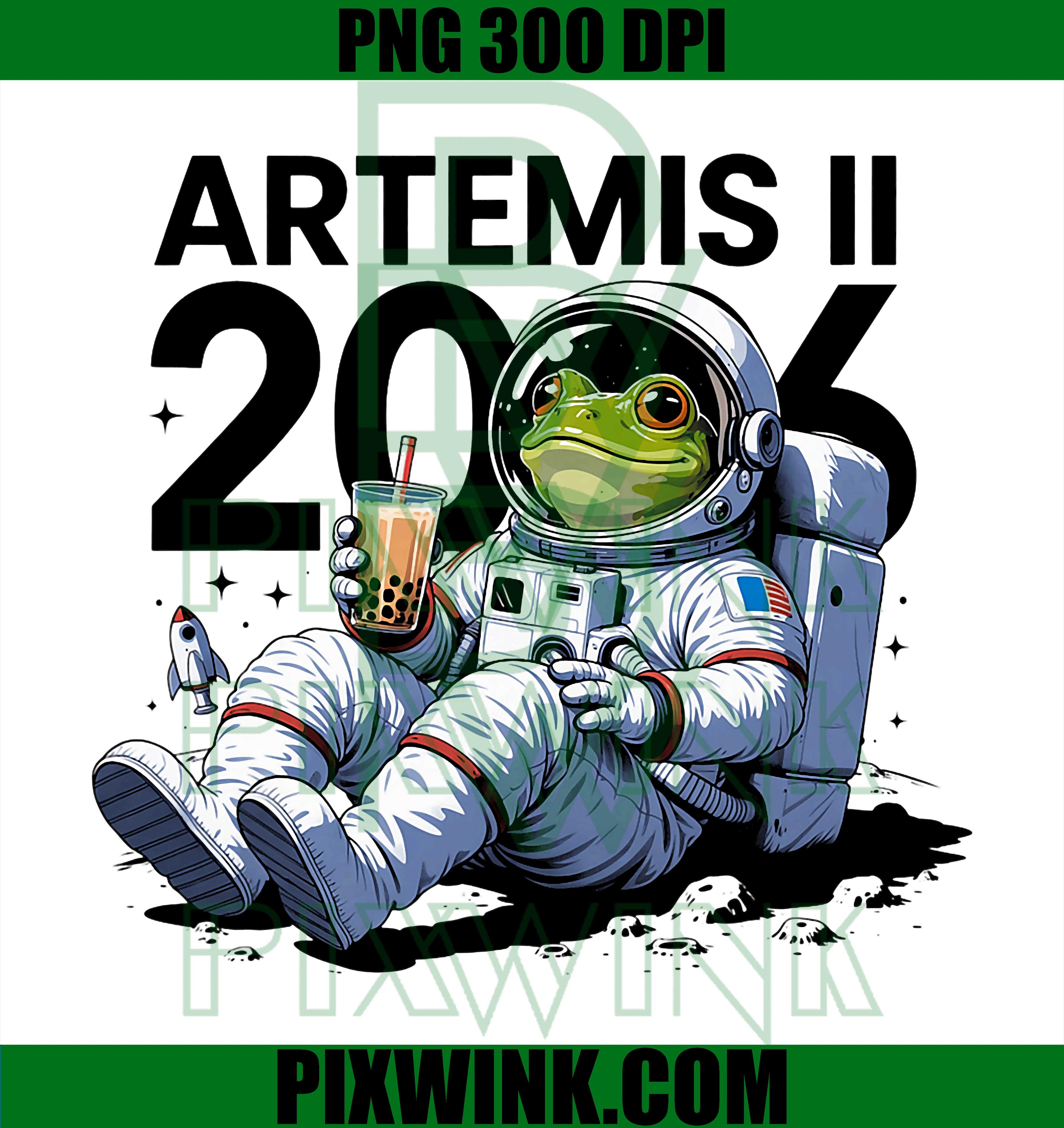 Artemis II Frog Bubble Tea 2026 PNG, Funny Space Retro Design