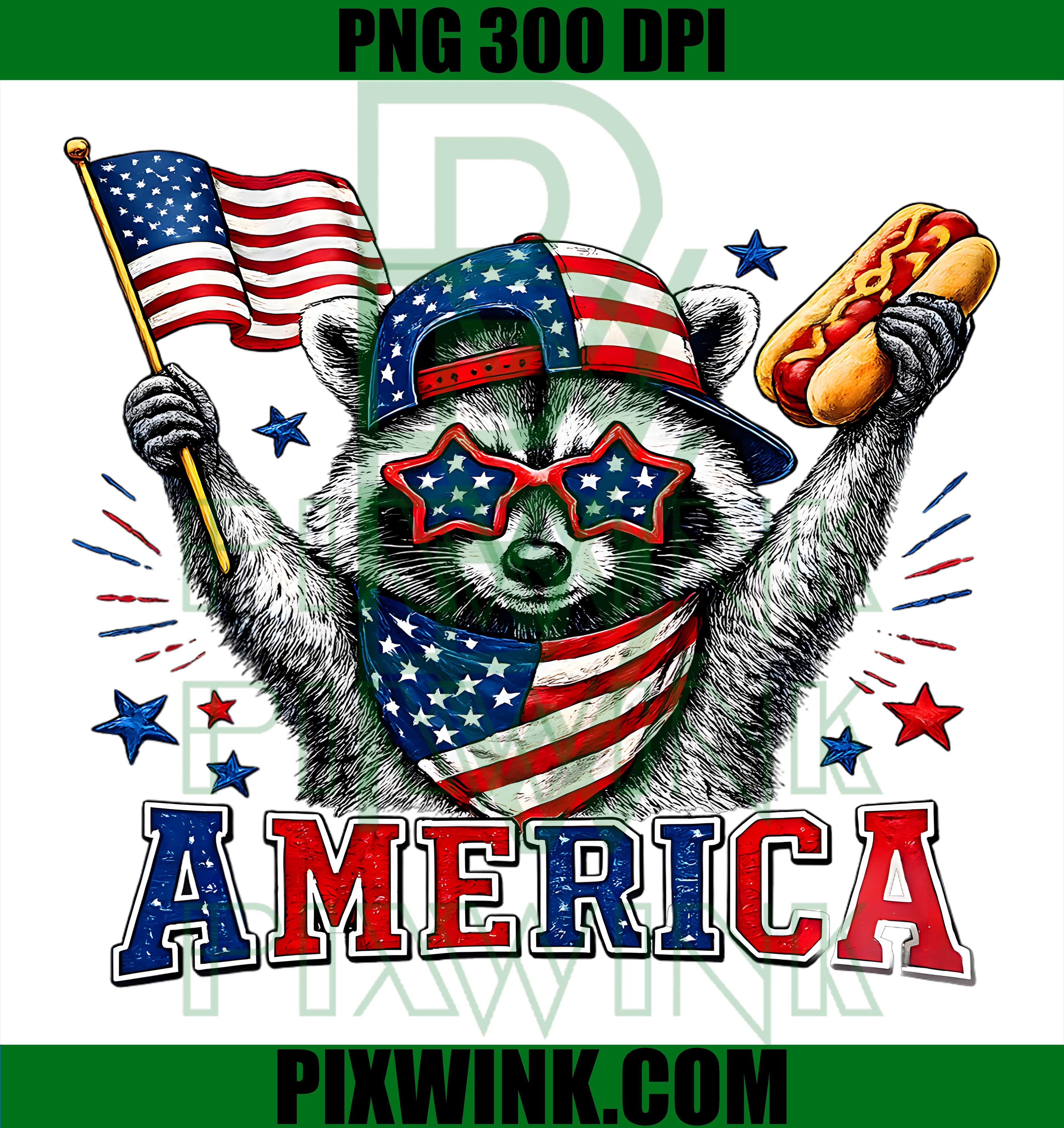 USA America Raccoon Hot Dog PNG, 1776 2026 4th July Patriotic PNG