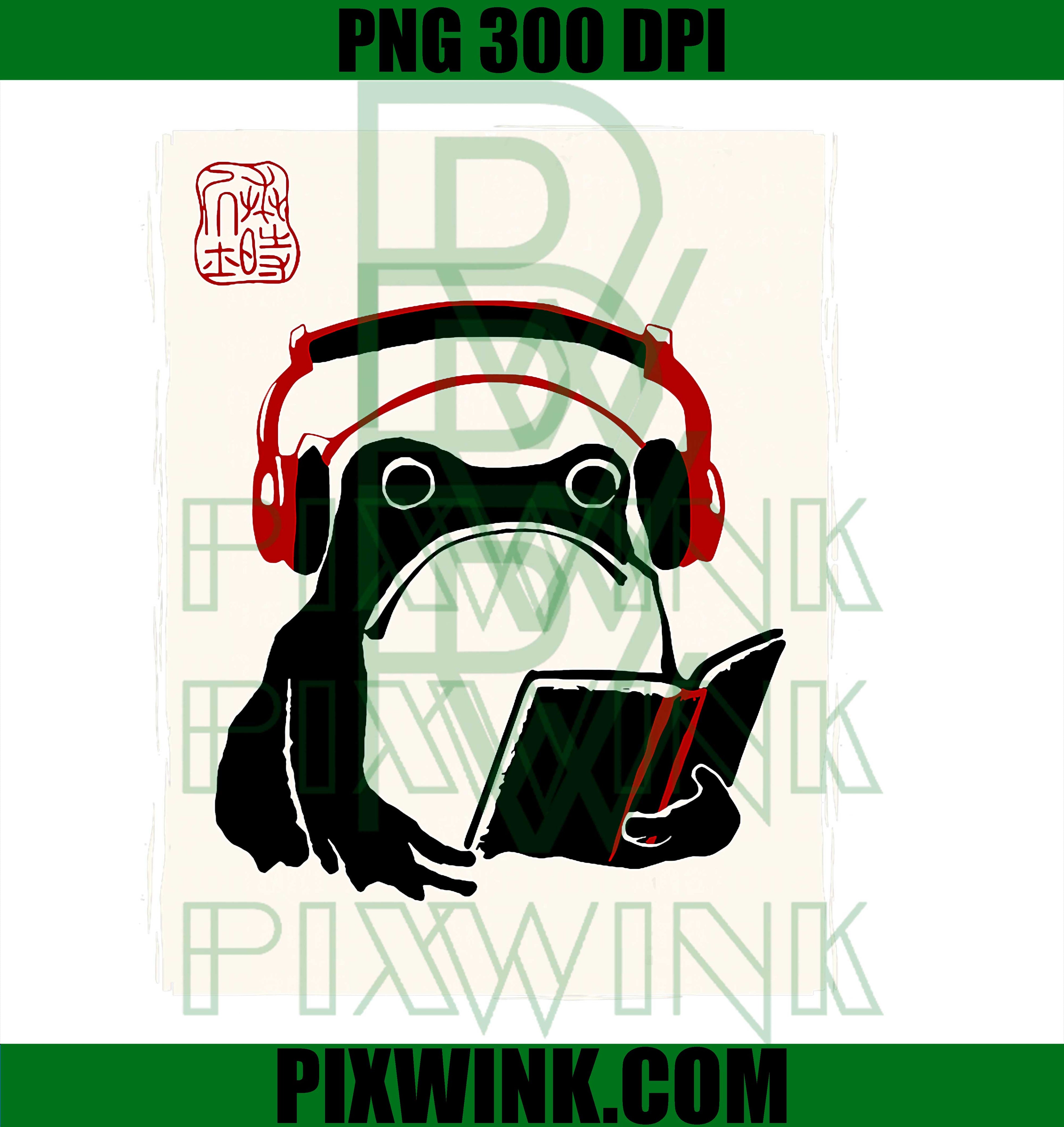 Funny Grumpy Frog Books Music Kawaii Ink Japanese PNG