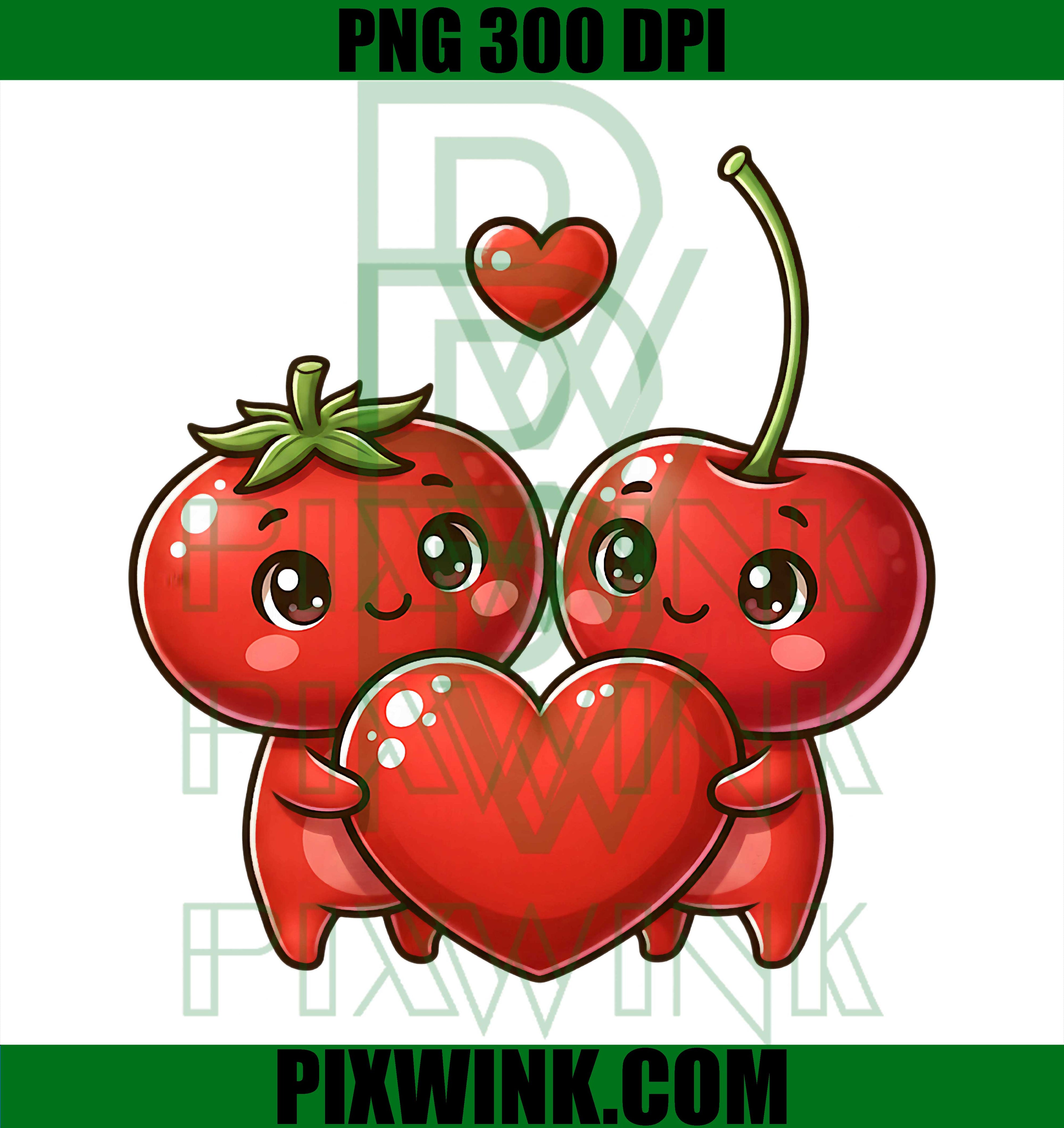 Cute Tomato and Cherry Vegan Valentine Couple PNG