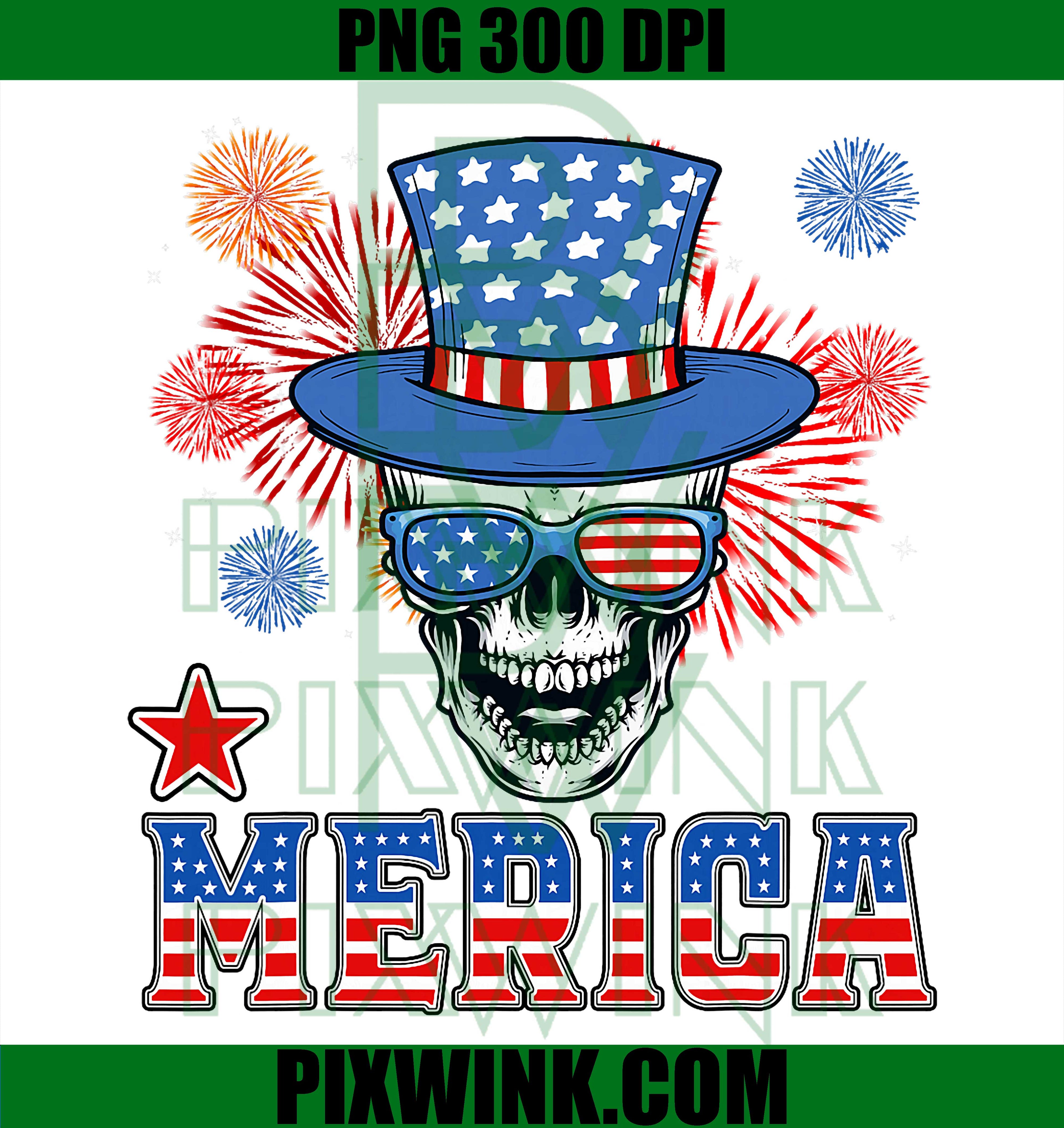 Merica Skull Fireworks PNG, Patriotic USA Flag Skull PNG