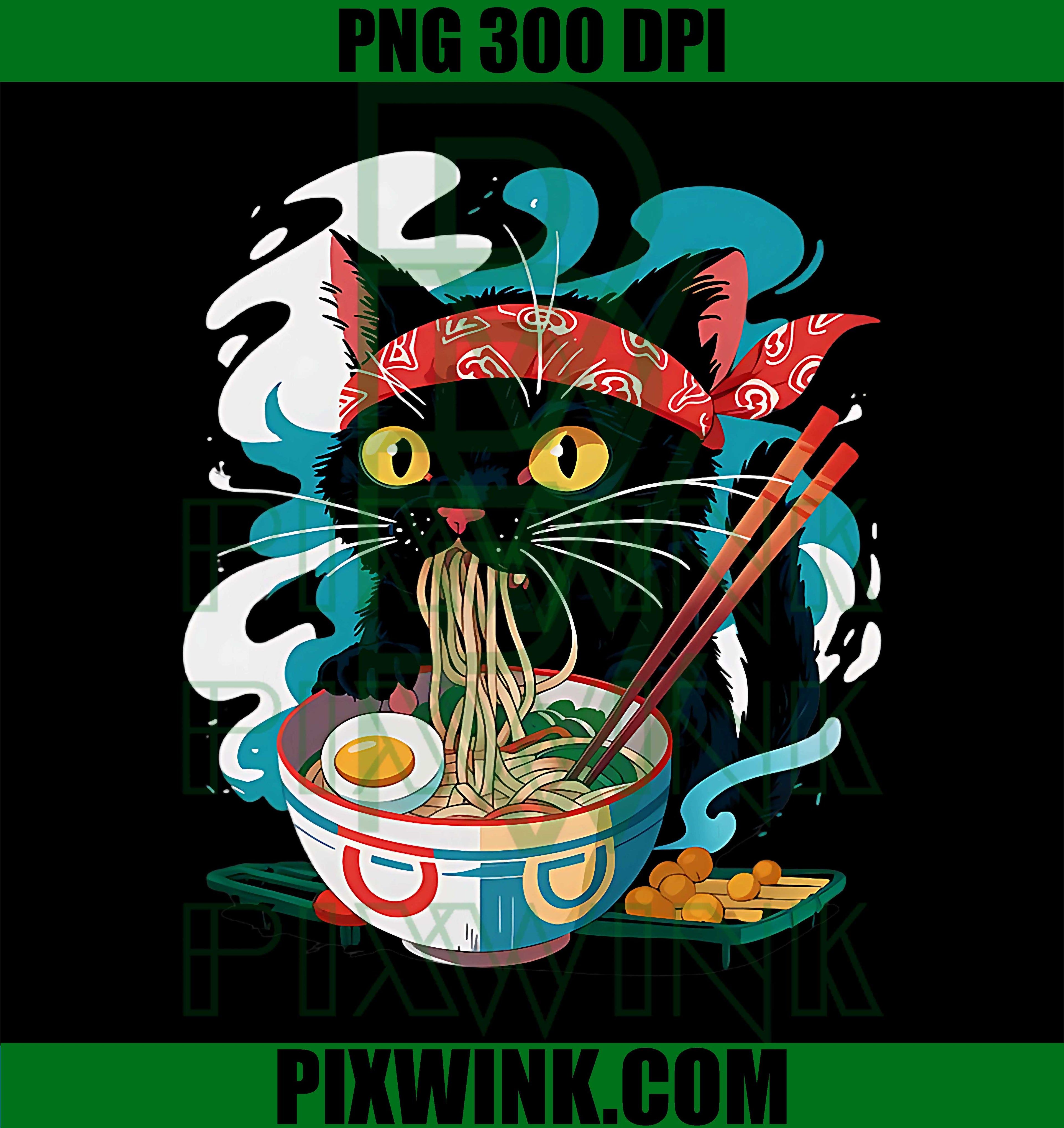 Cute Kawaii Cat Eating Ramen Japanese Aesthetic PNG