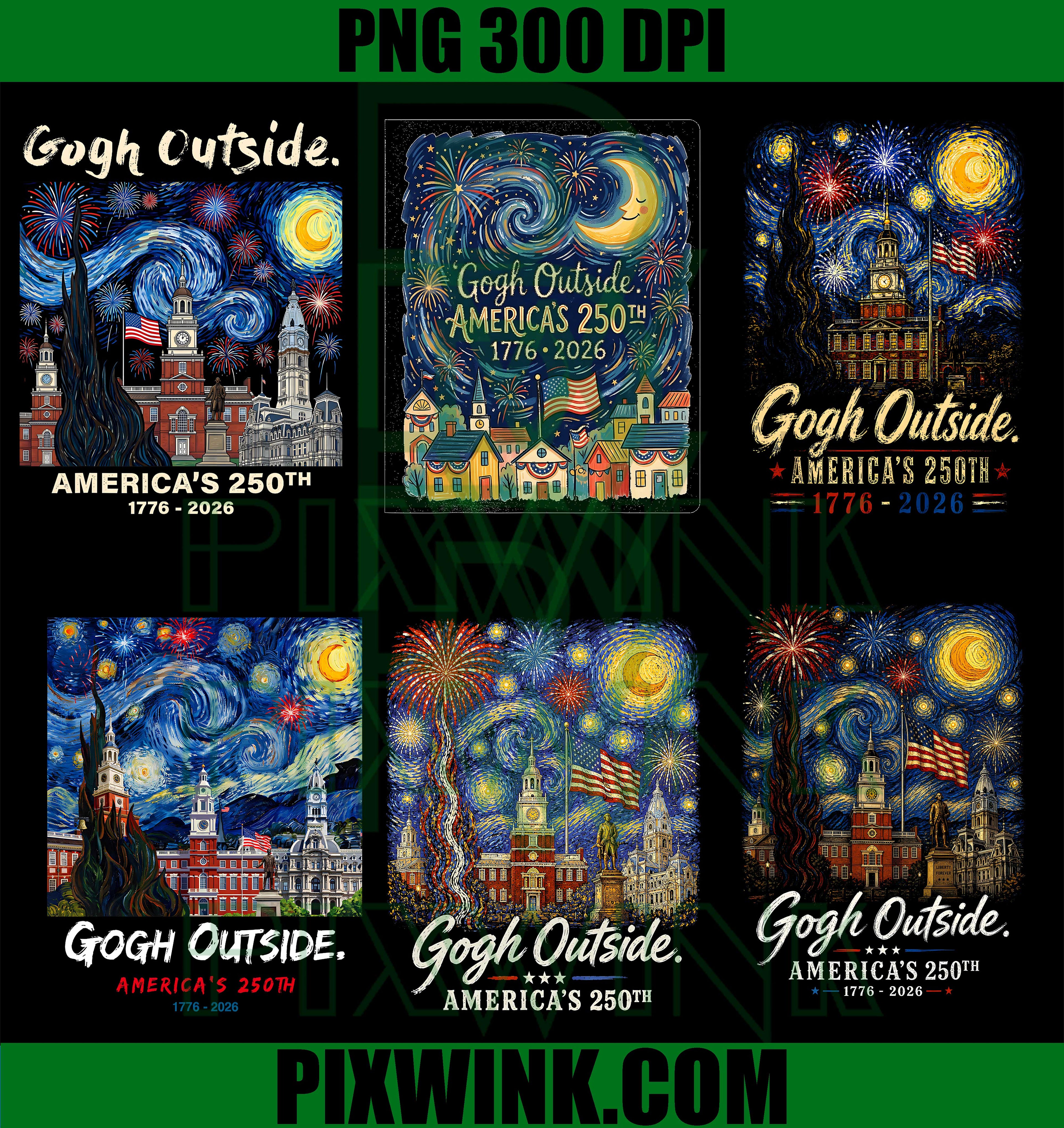 America 250th Van Gogh Starry Night Bundle PNG, Patriotic Gogh Outside PNG