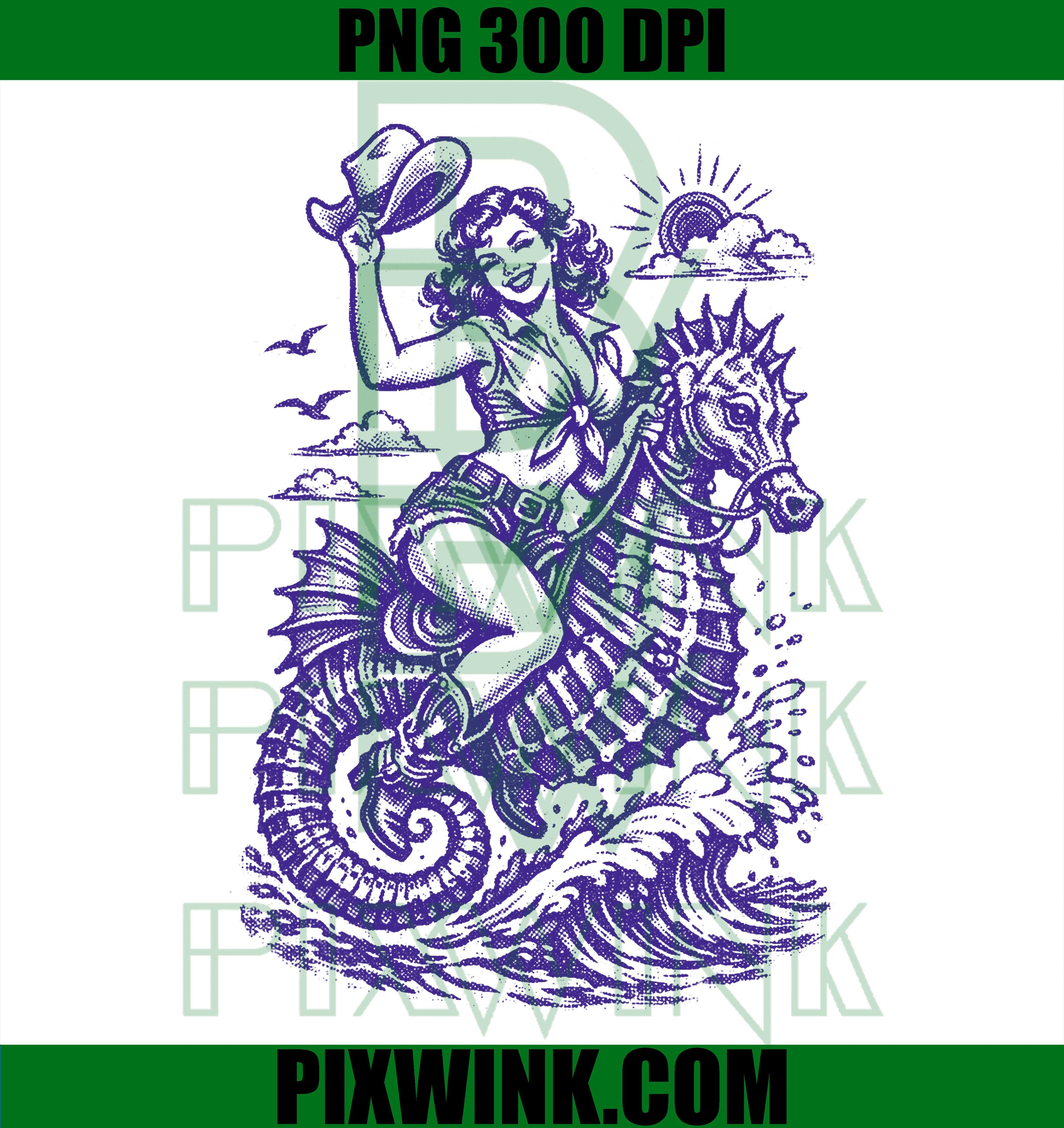 Salty Girls Seahorses PNG, Vintage Cowgirl Rodeo Pinup Design