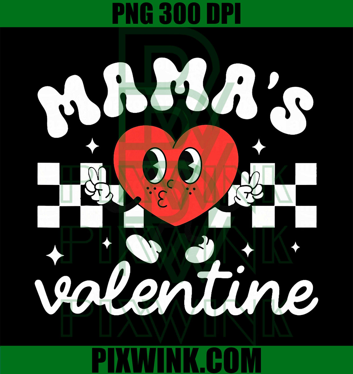 Mama's Valentine Retro Cute Heart Character Checkerboard PNG