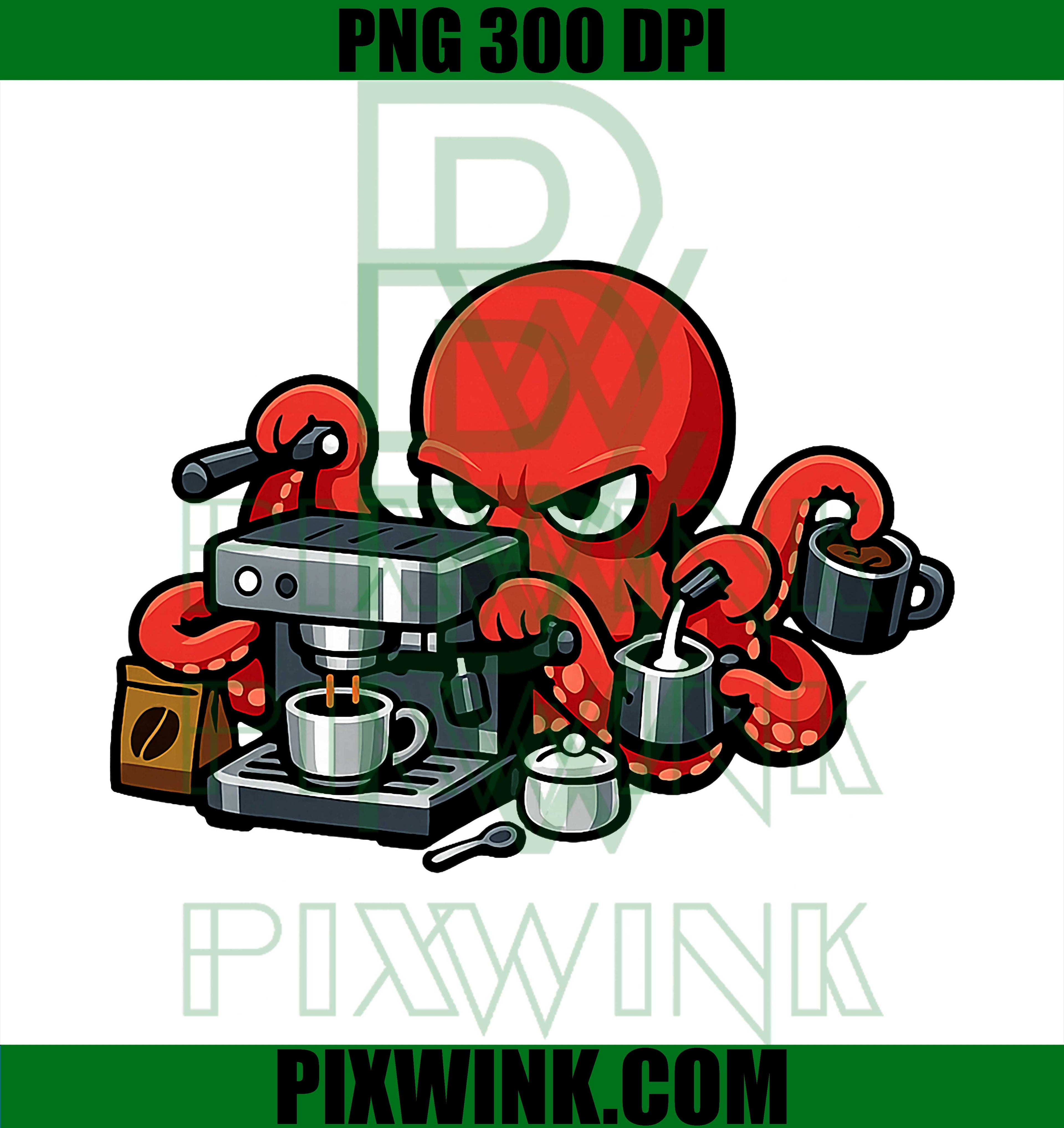 Funny Octopus Barista Coffee PNG, Espresso Machine Coffee Art PNG