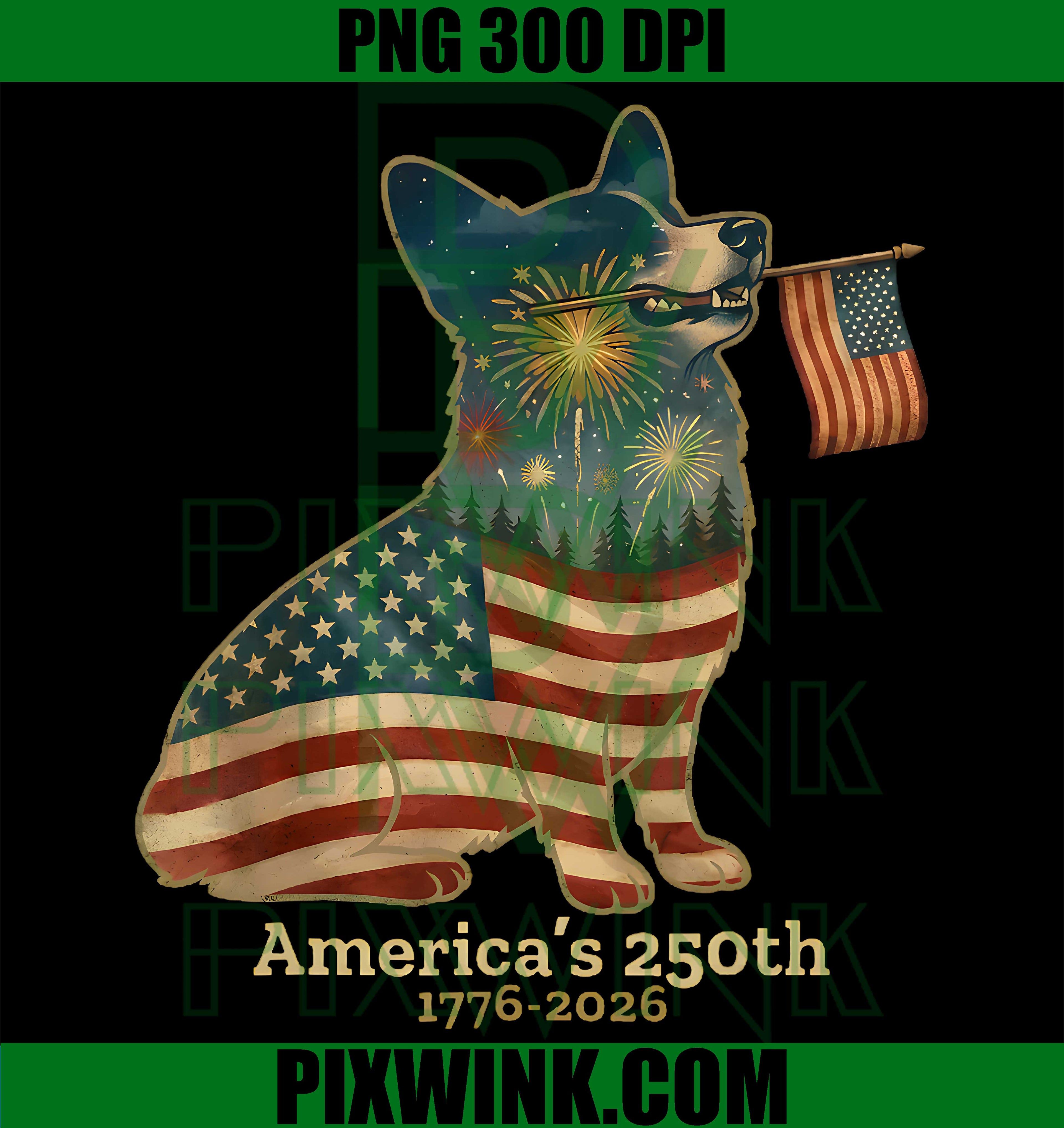 Corgi Patriotic Dog PNG, America 250 Anniversary PNG, Fireworks USA Flag PNG