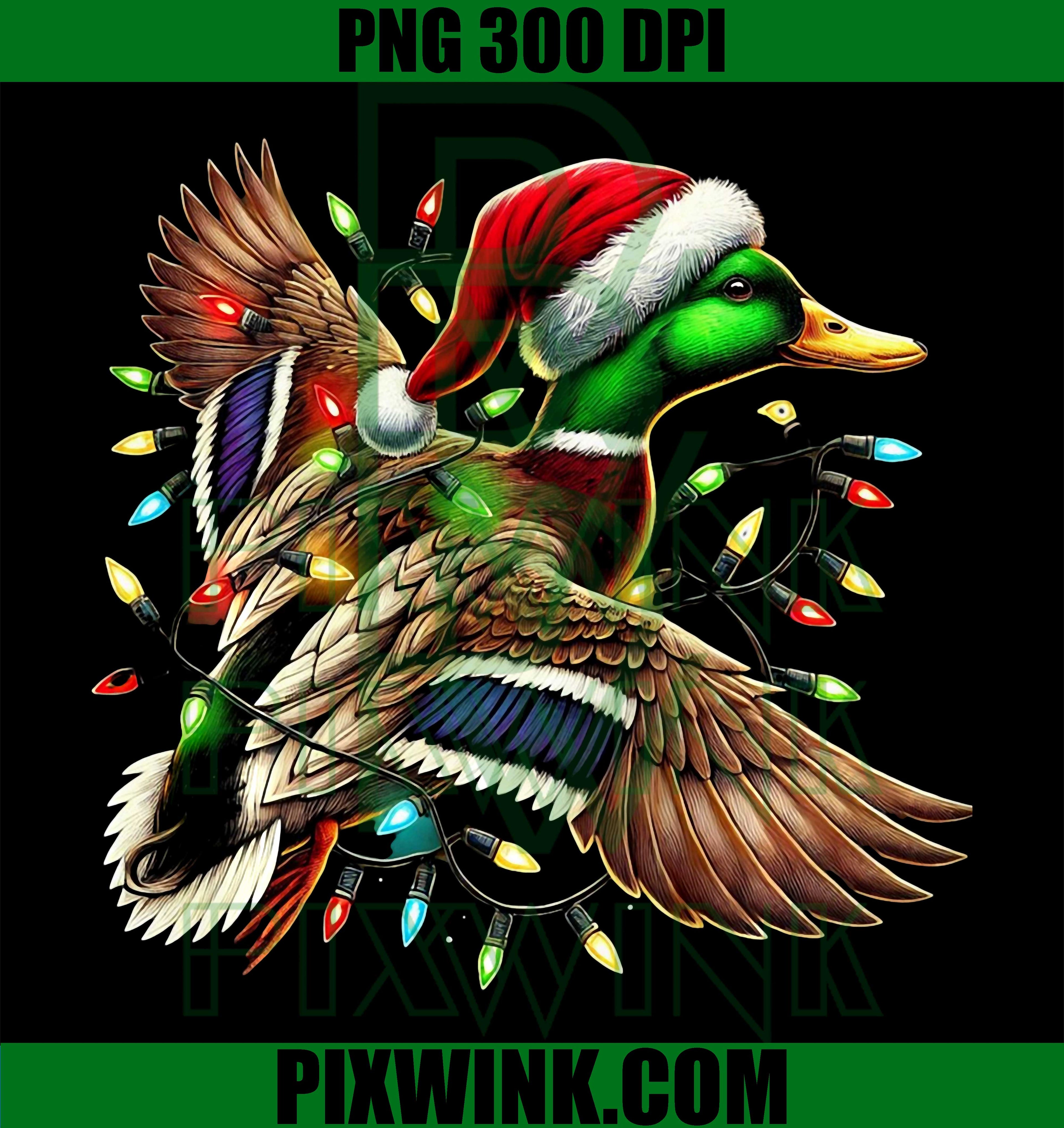 Flying Santa Duck Christmas Lights PNG, Vintage Hunting Holiday Duck PNG