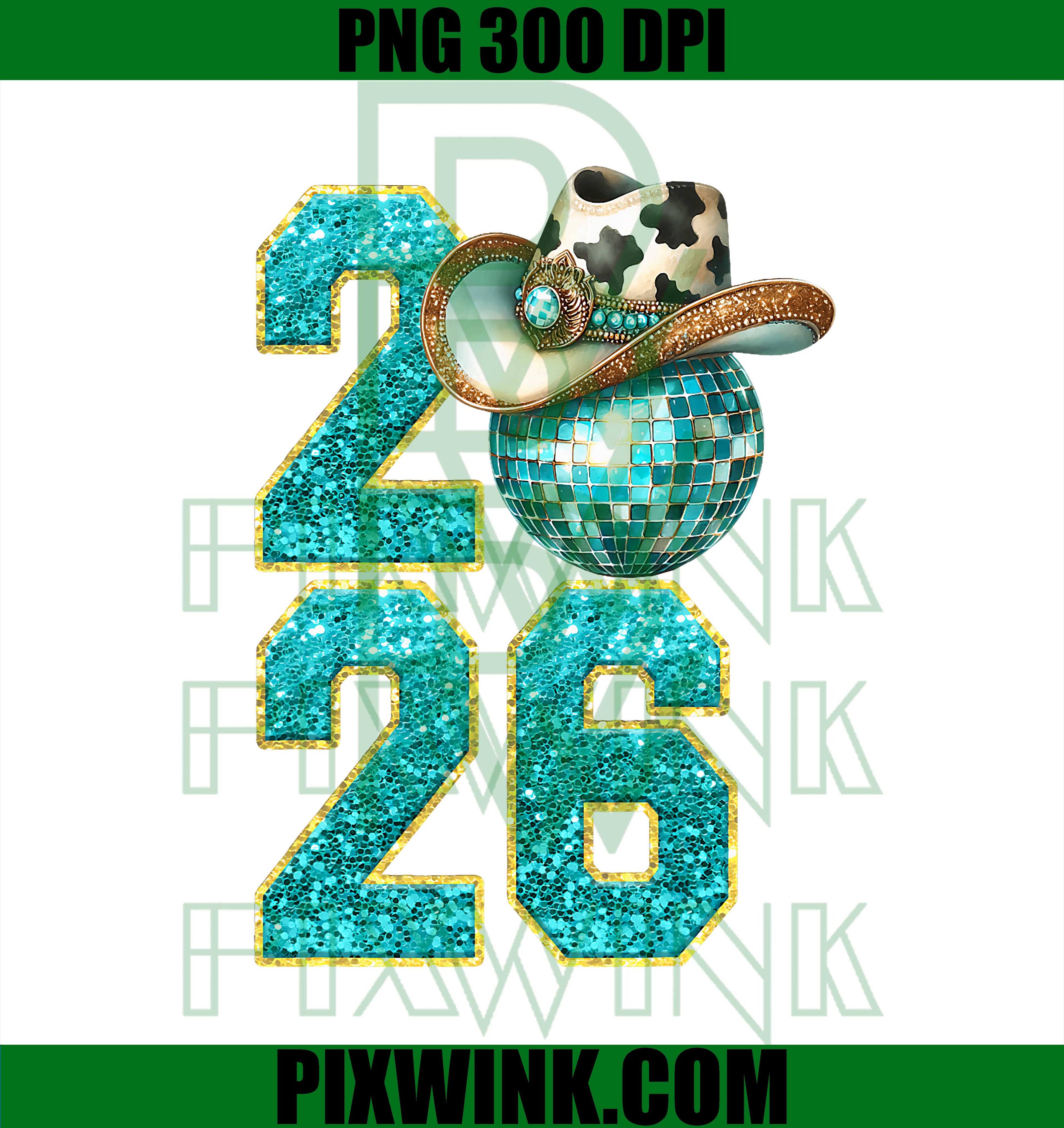 Retro Turquoise Disco Ball New Year 2026 Western Cowgirl Hat PNG