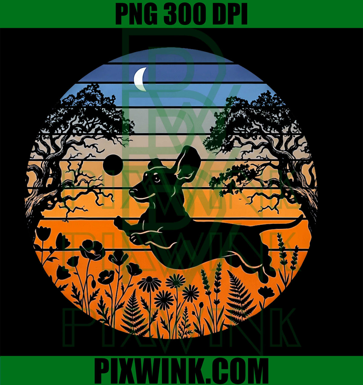 Funny Retro Dachshund, Vintage Sunset, Jumping Wiener Dog, Digital PNG Design