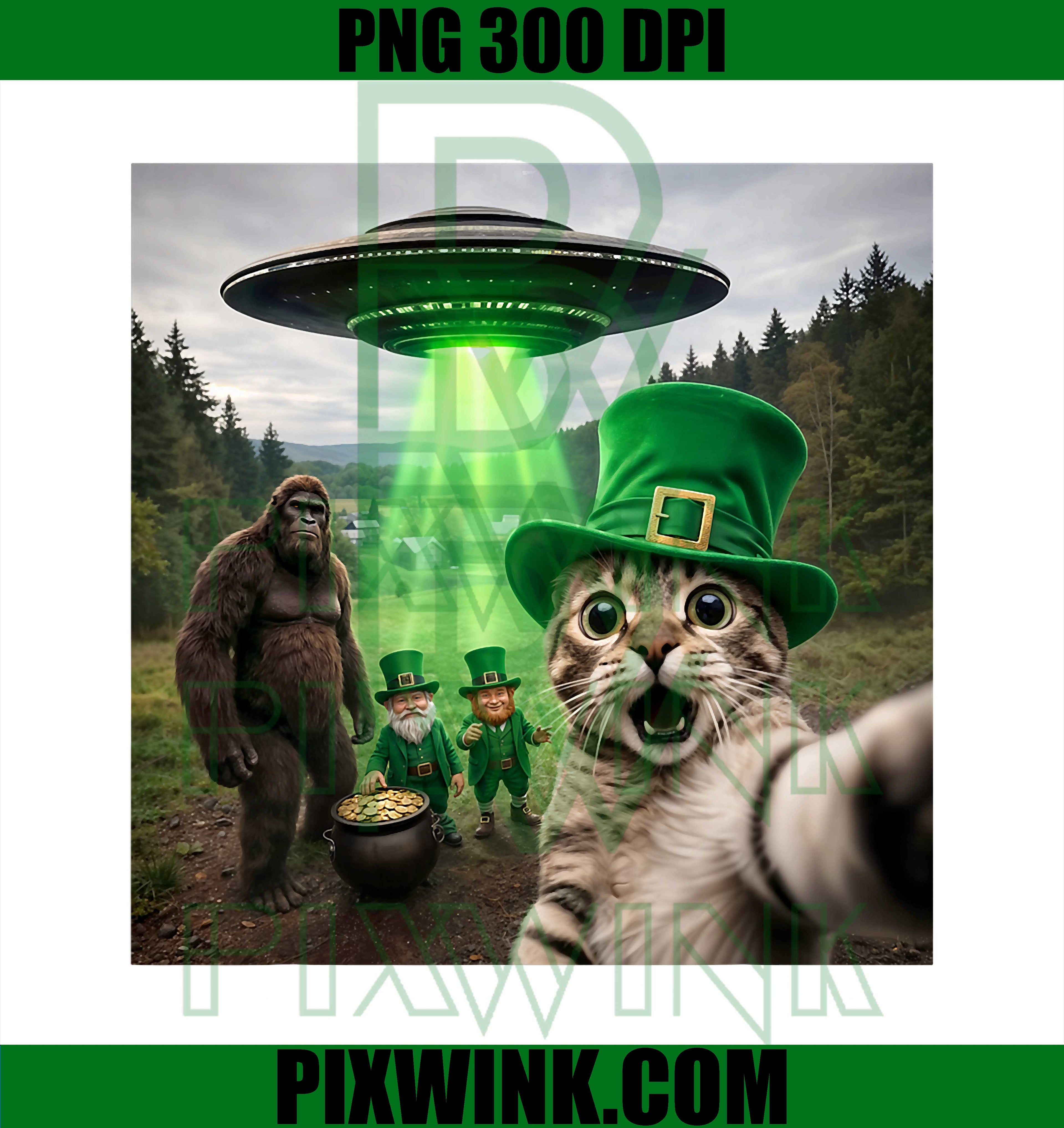 Funny St Patricks Day Cat Selfie PNG, Leprechaun Bigfoot UFO Design PNG