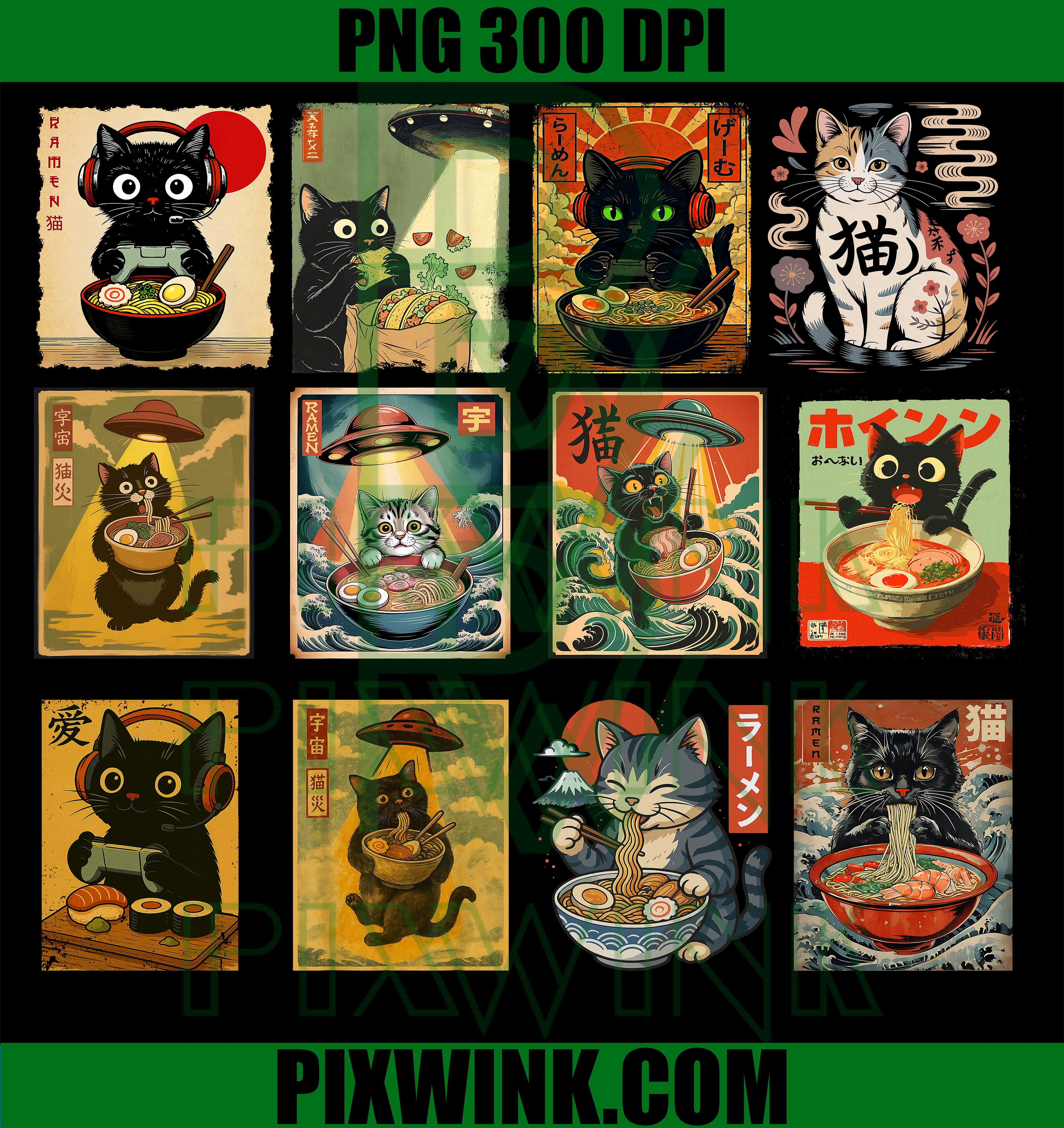 Japanese Ramen Cat PNG Bundle, Cute Anime Style Digital Files