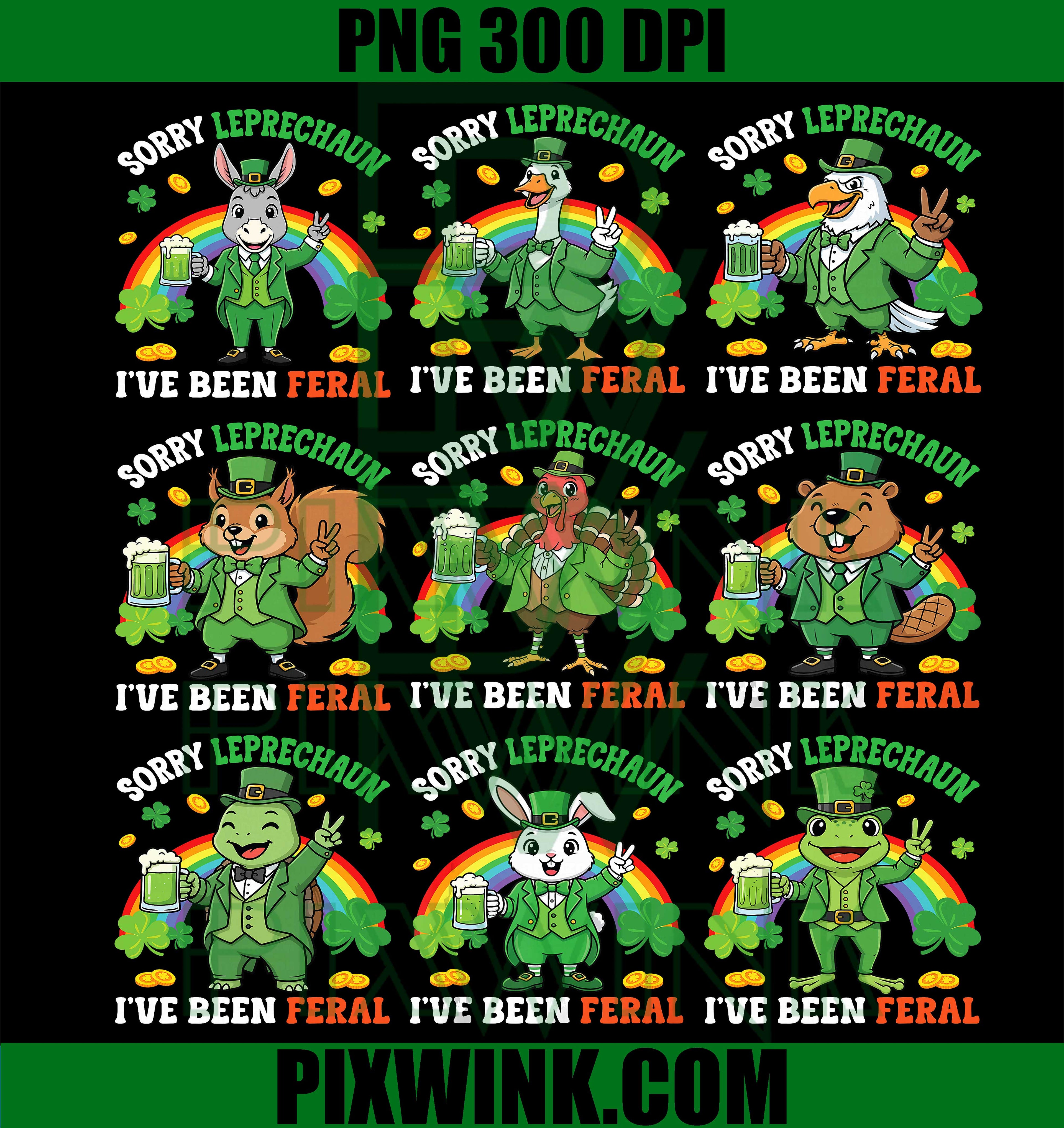 St Patrick’s Day Animal PNG Bundle, Shamrock Animal Clipart, Funny Animal St Patrick PNG