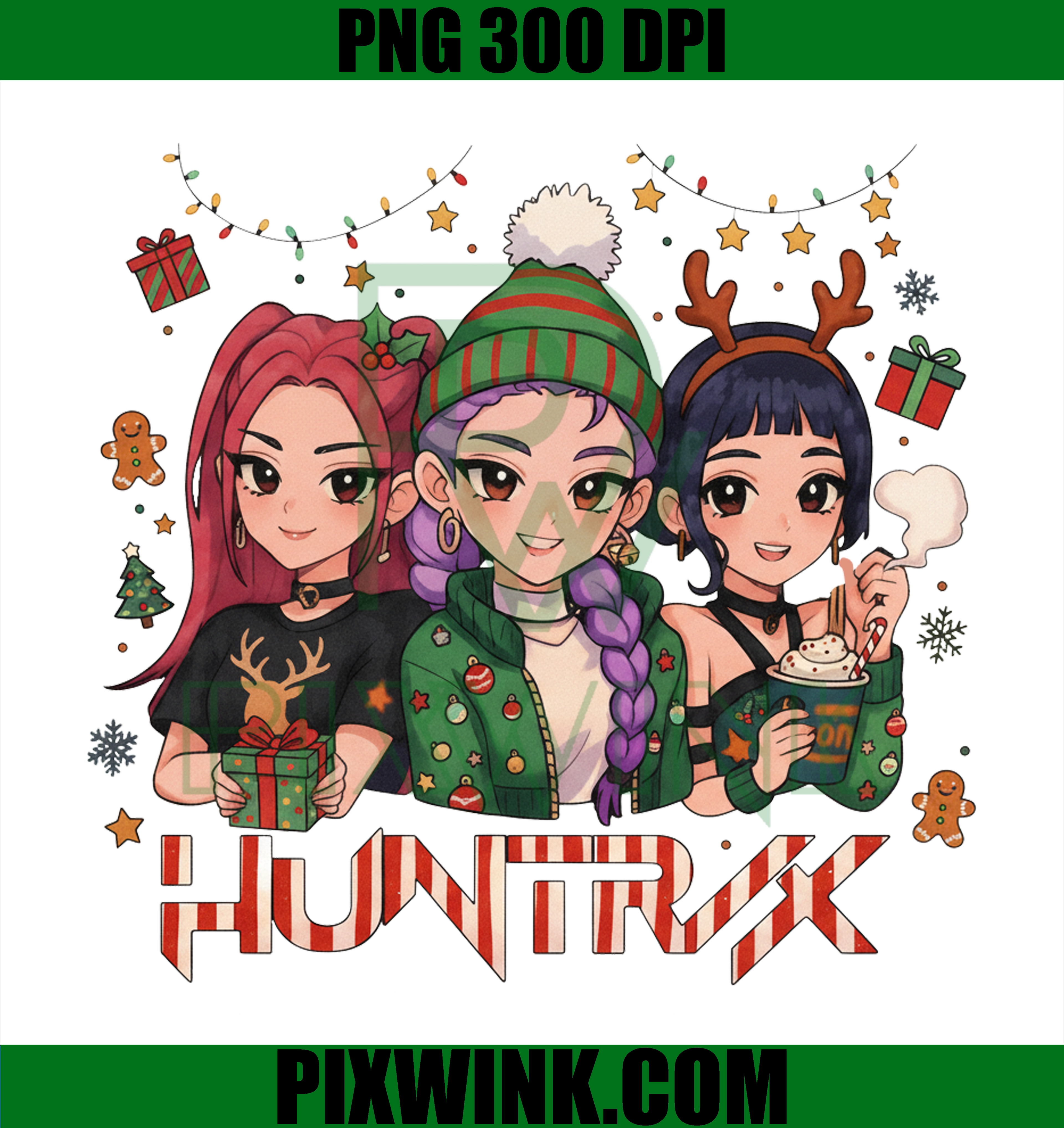 Huntrix Christmas Girls PNG, Holiday Kpop Style Illustration, Festive Trio Art Clipart, Xmas Aesthetic Digital Download 300 DPI