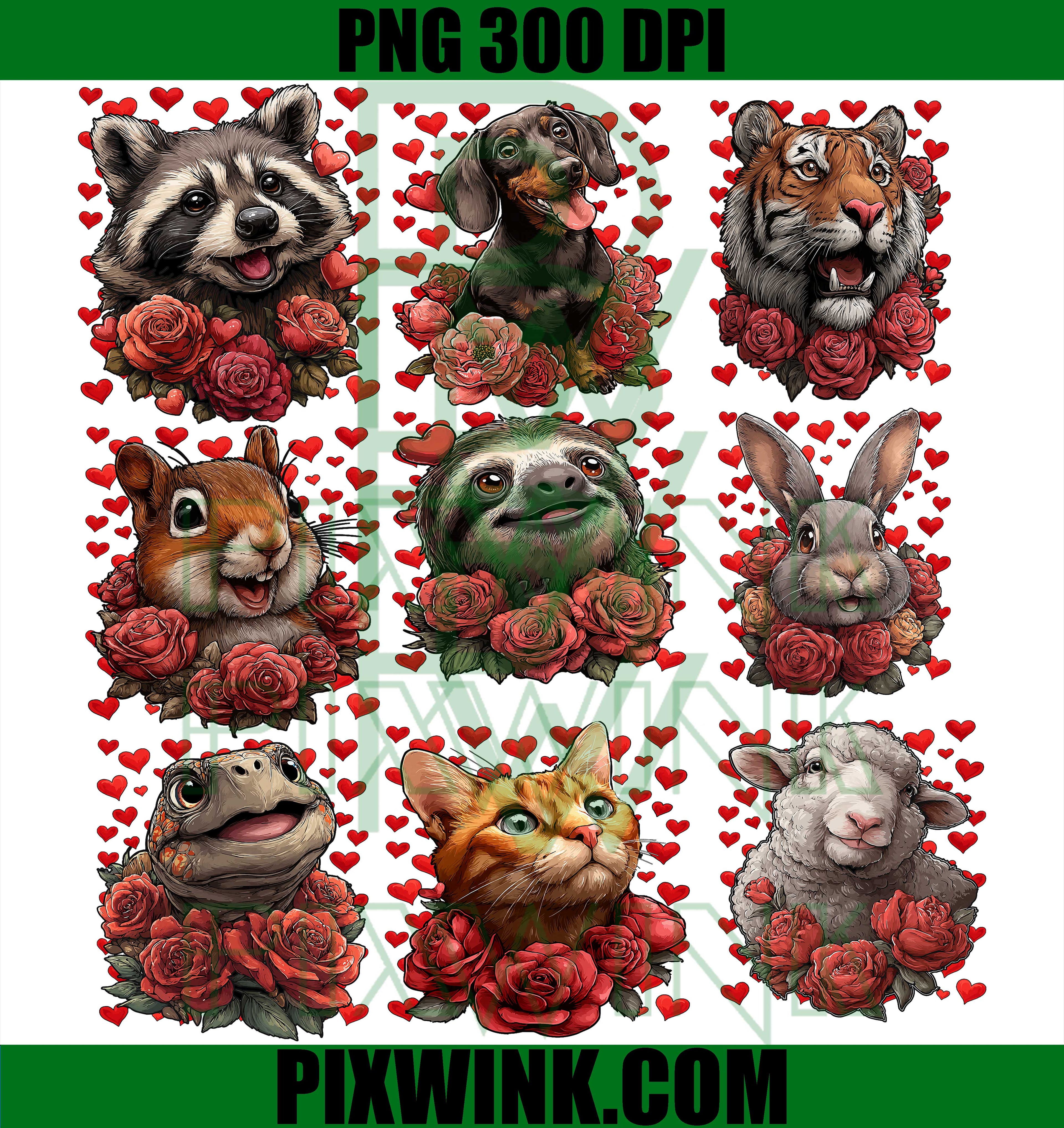 Valentine Animal PNG Bundle with Cute Animals, Roses, Hearts PNG