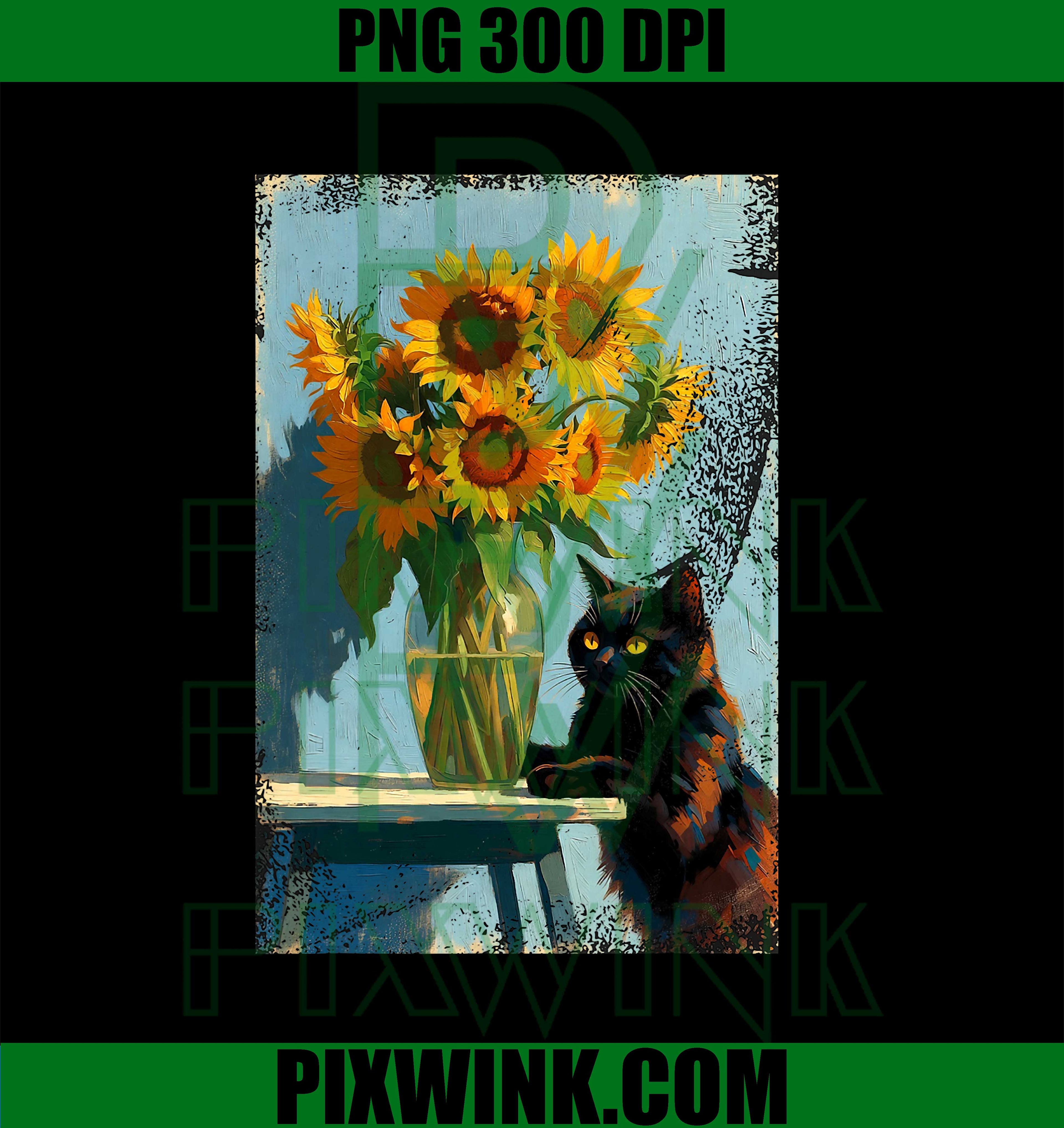 Black Cat Knocking Over Van Gogh Sunflowers Vase Meme PNG