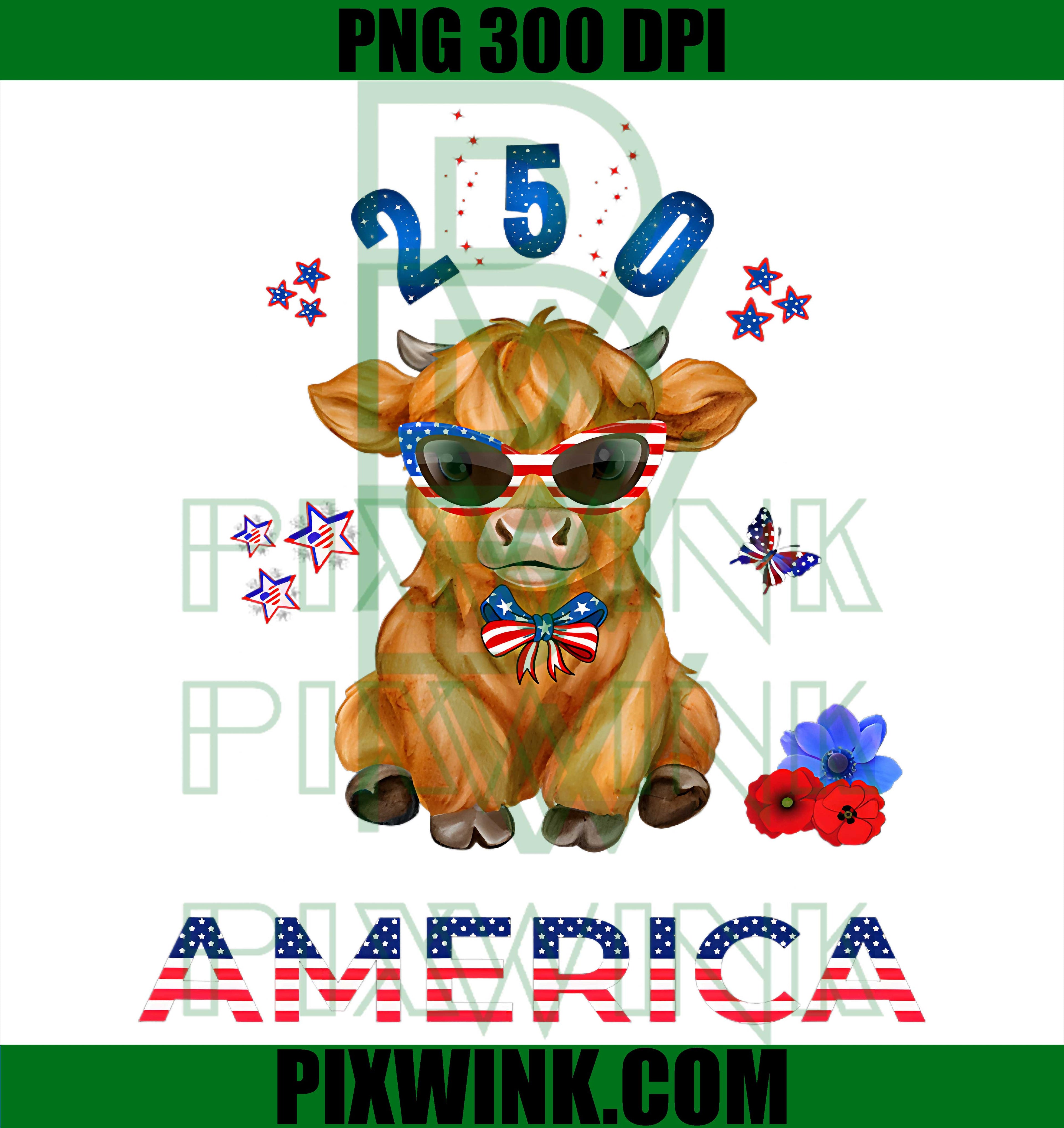 Patriotic Mini Highland Cow PNG, USA Flag Highland Cow PNG