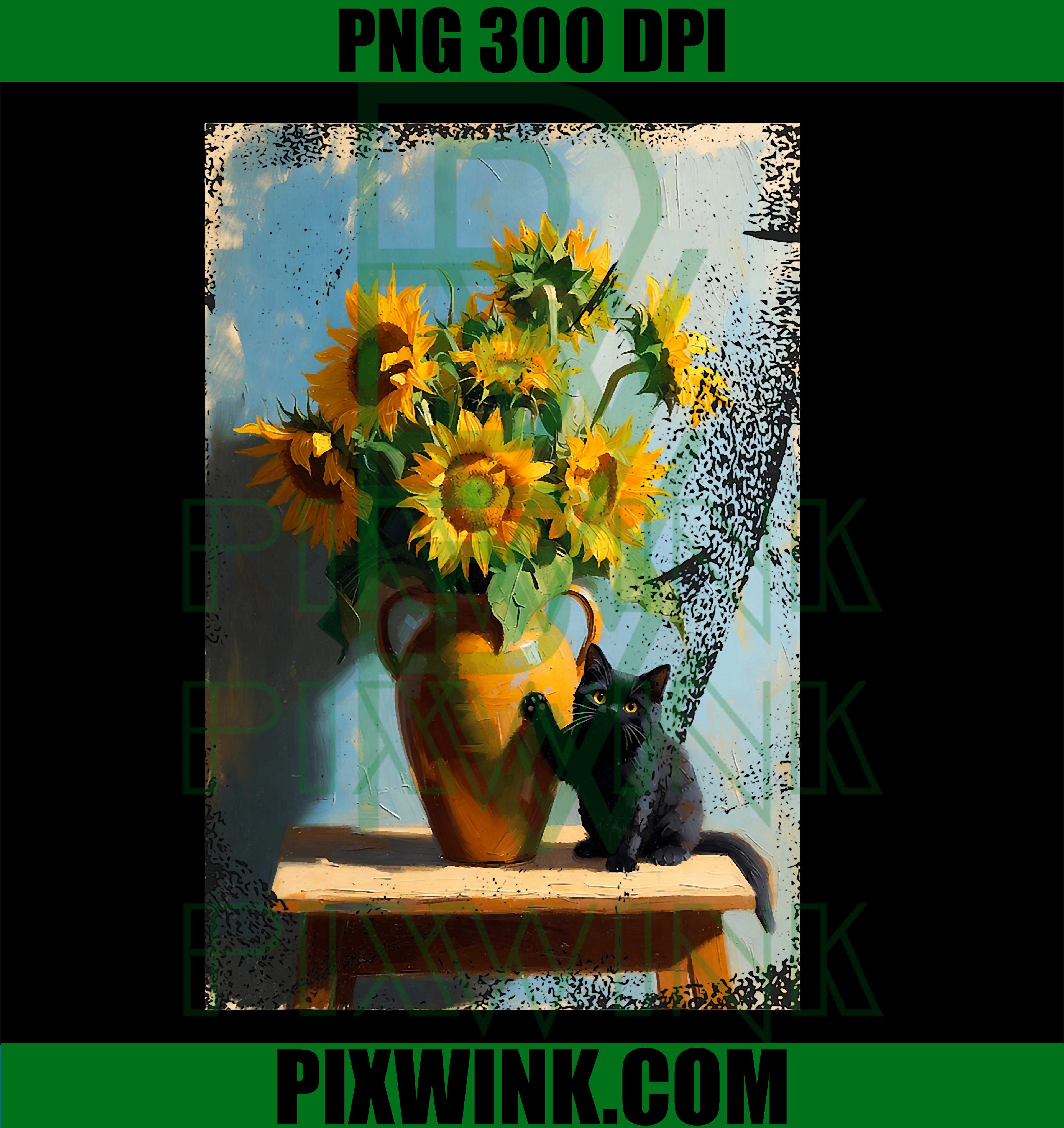 Black Cat Knocking Over Van Gogh Sunflowers Vase Meme PNG