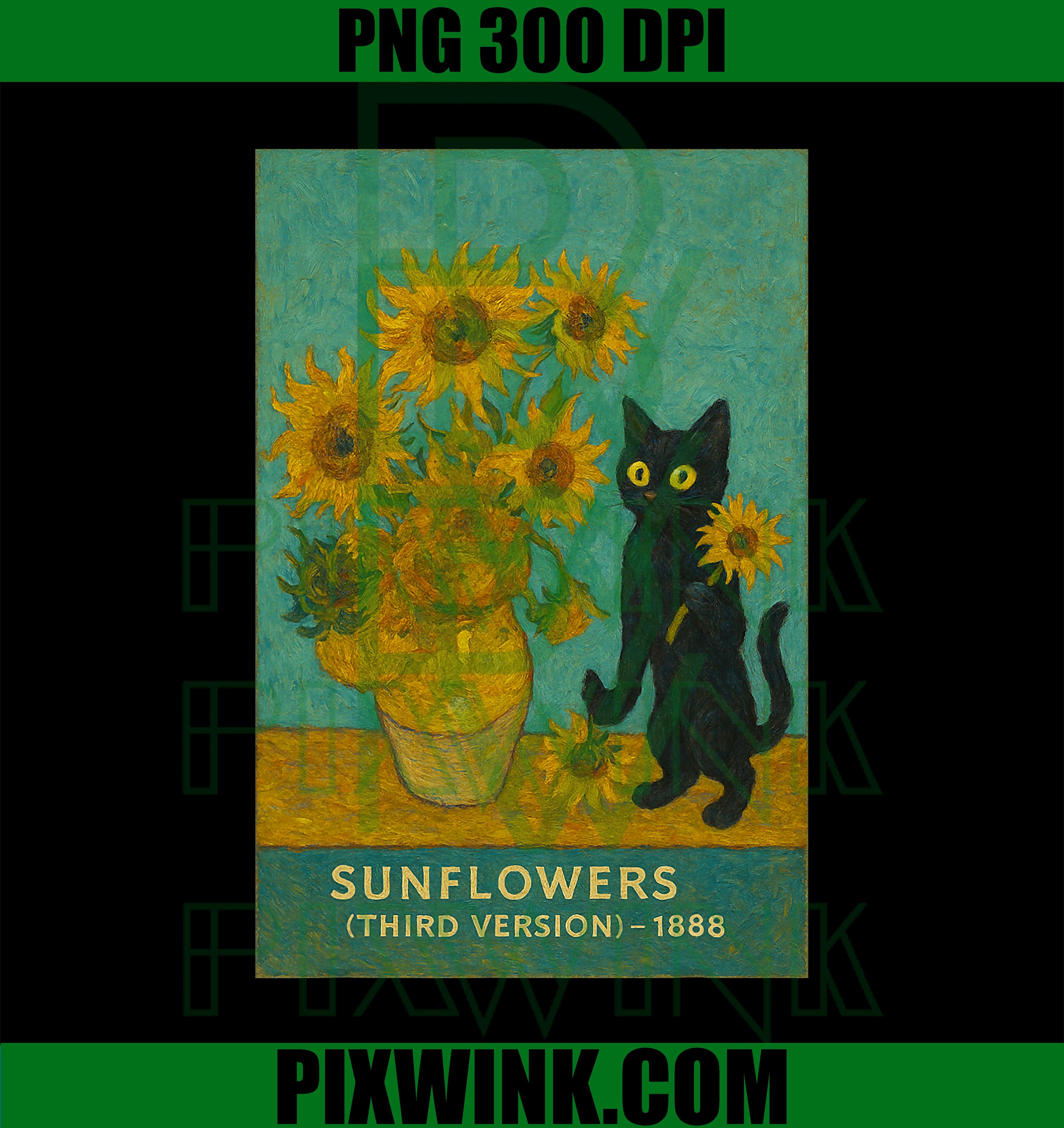 Black Cat with Sunflowers Vintage Meme Painted Art Van Gogh PNG