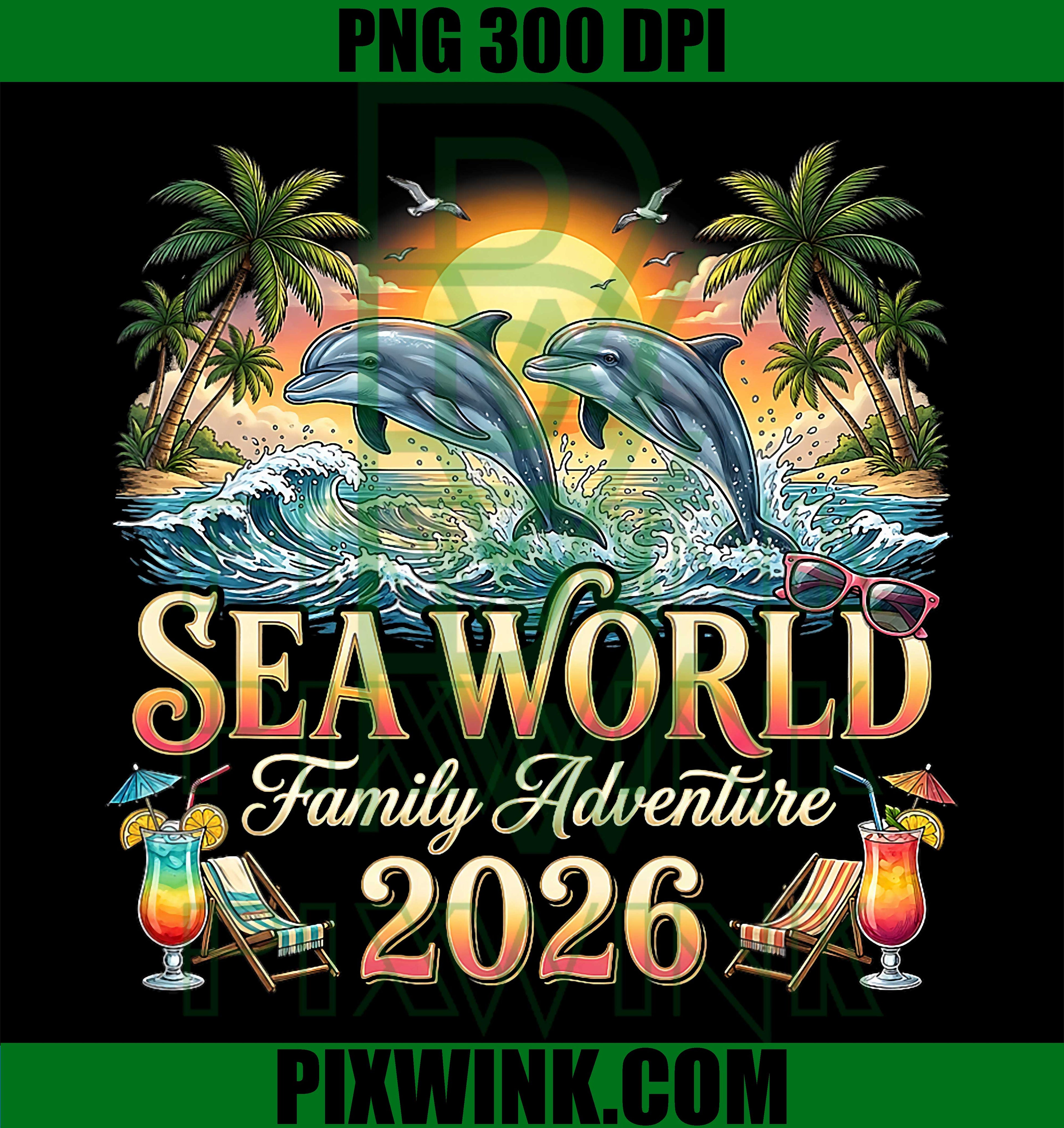 Sea World 2026 Family Adventure PNG, Vacation Matching Group Retro Design