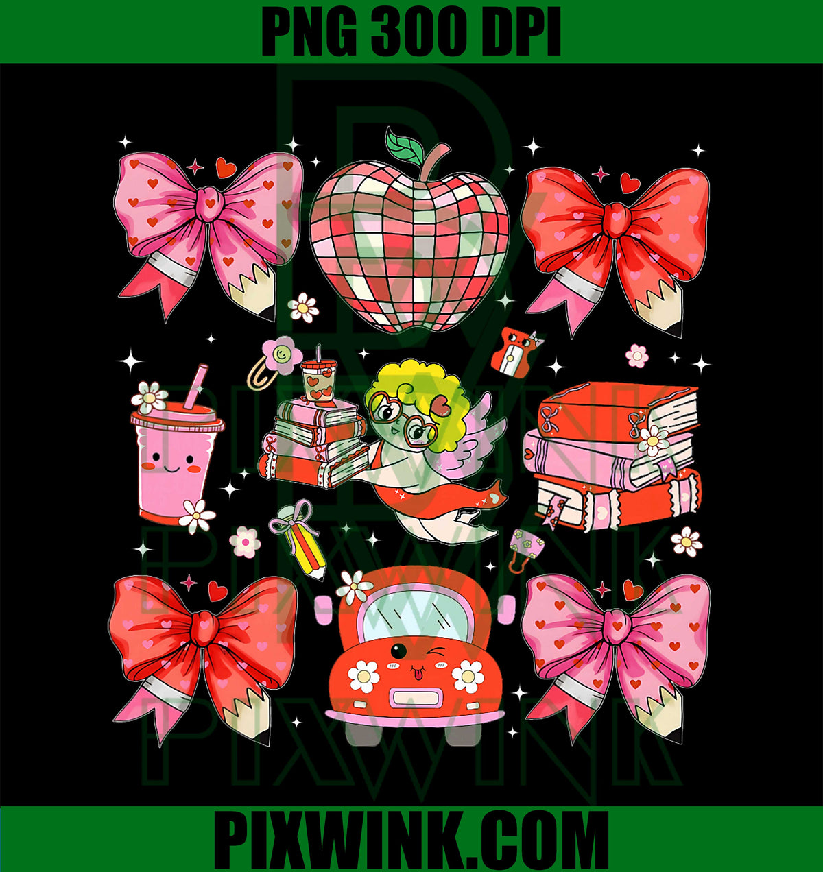 Valentine Cupid Coquette Pink Bow Apple Books Teacher PNG