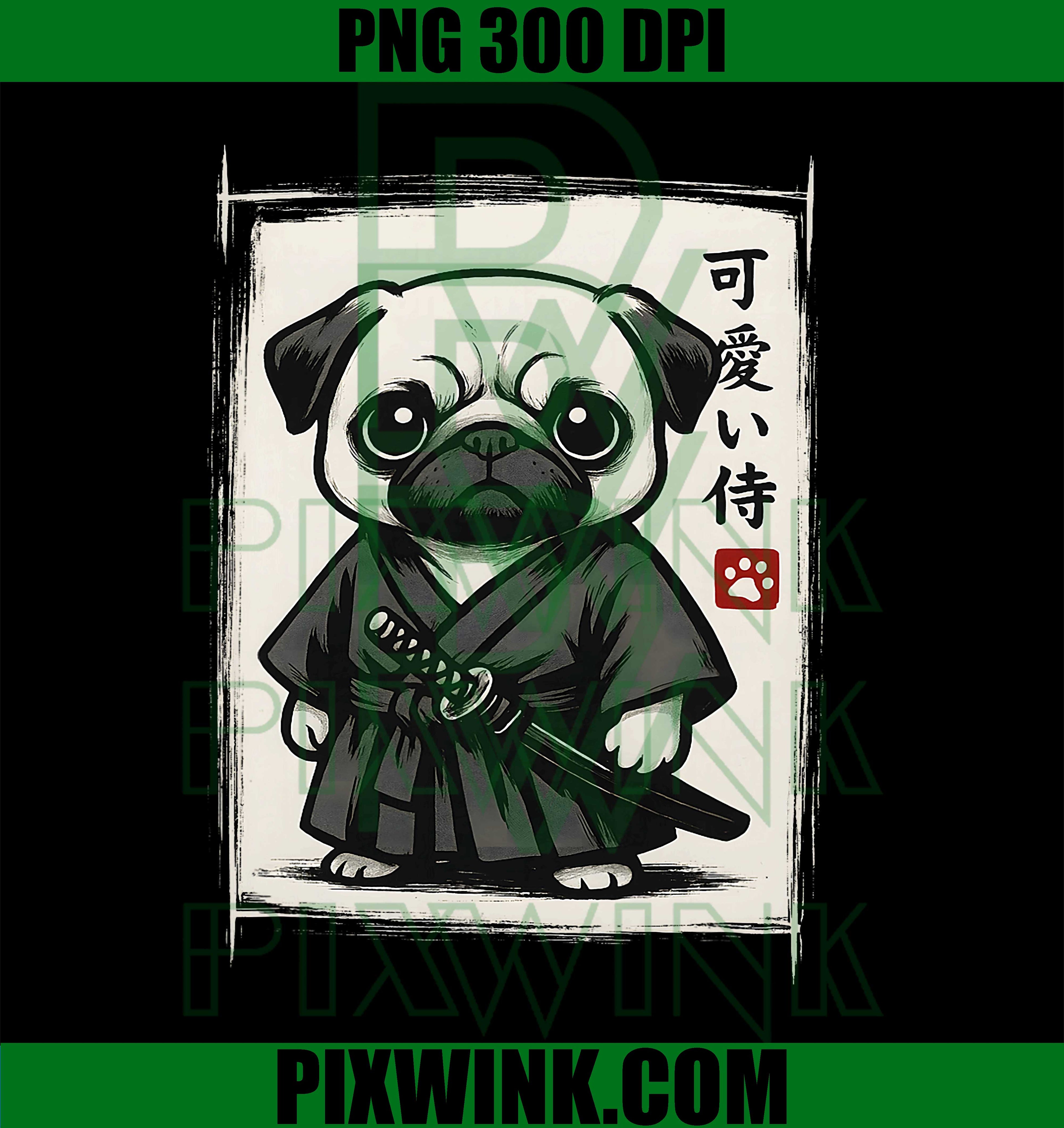 Cute Samurai Kawaii Pug Art PNG, Vintage Japanese Style PNG