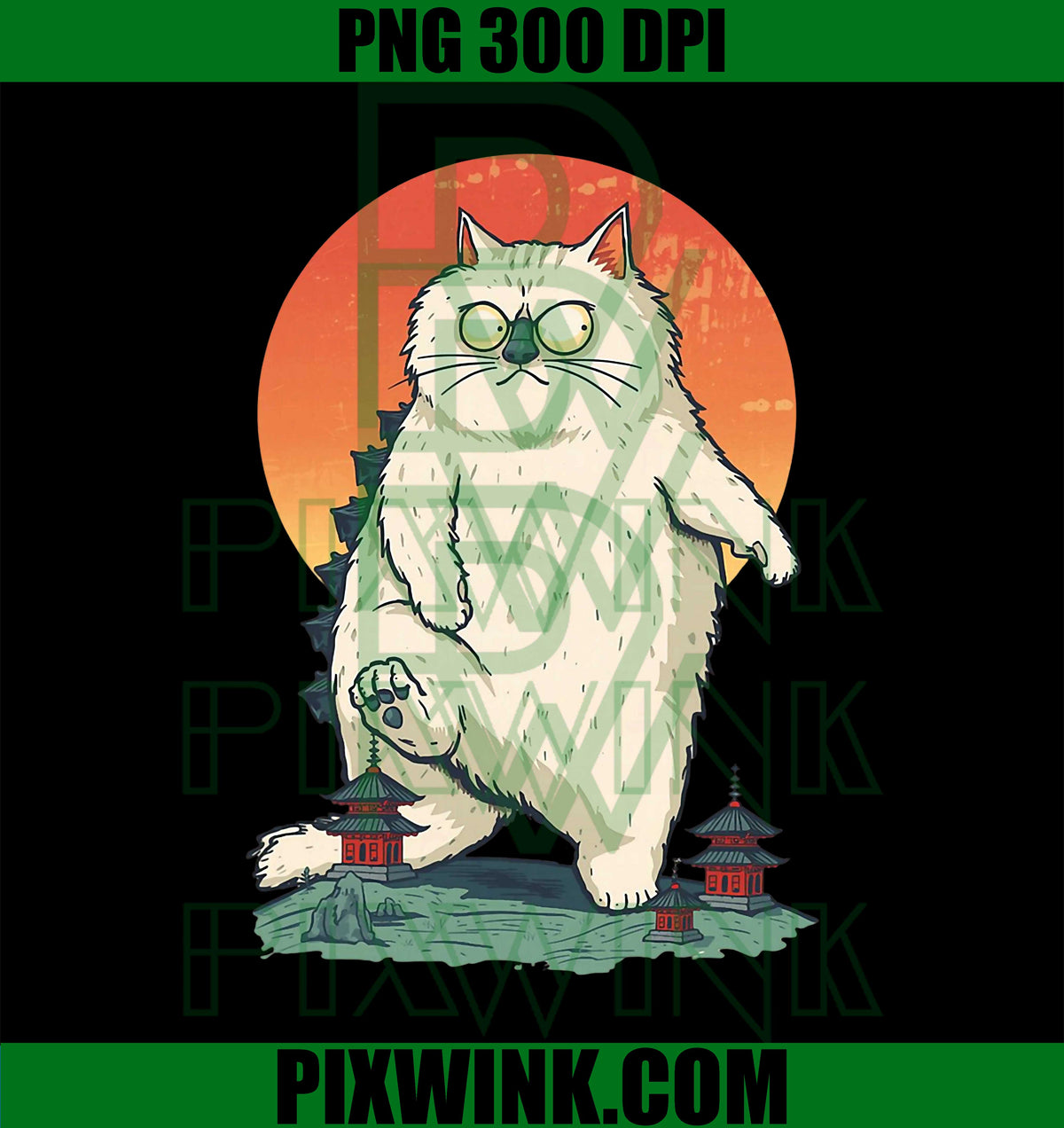 Funny White Grumpy Persian Catzilla, Vintage Japanese Art PNG Design File