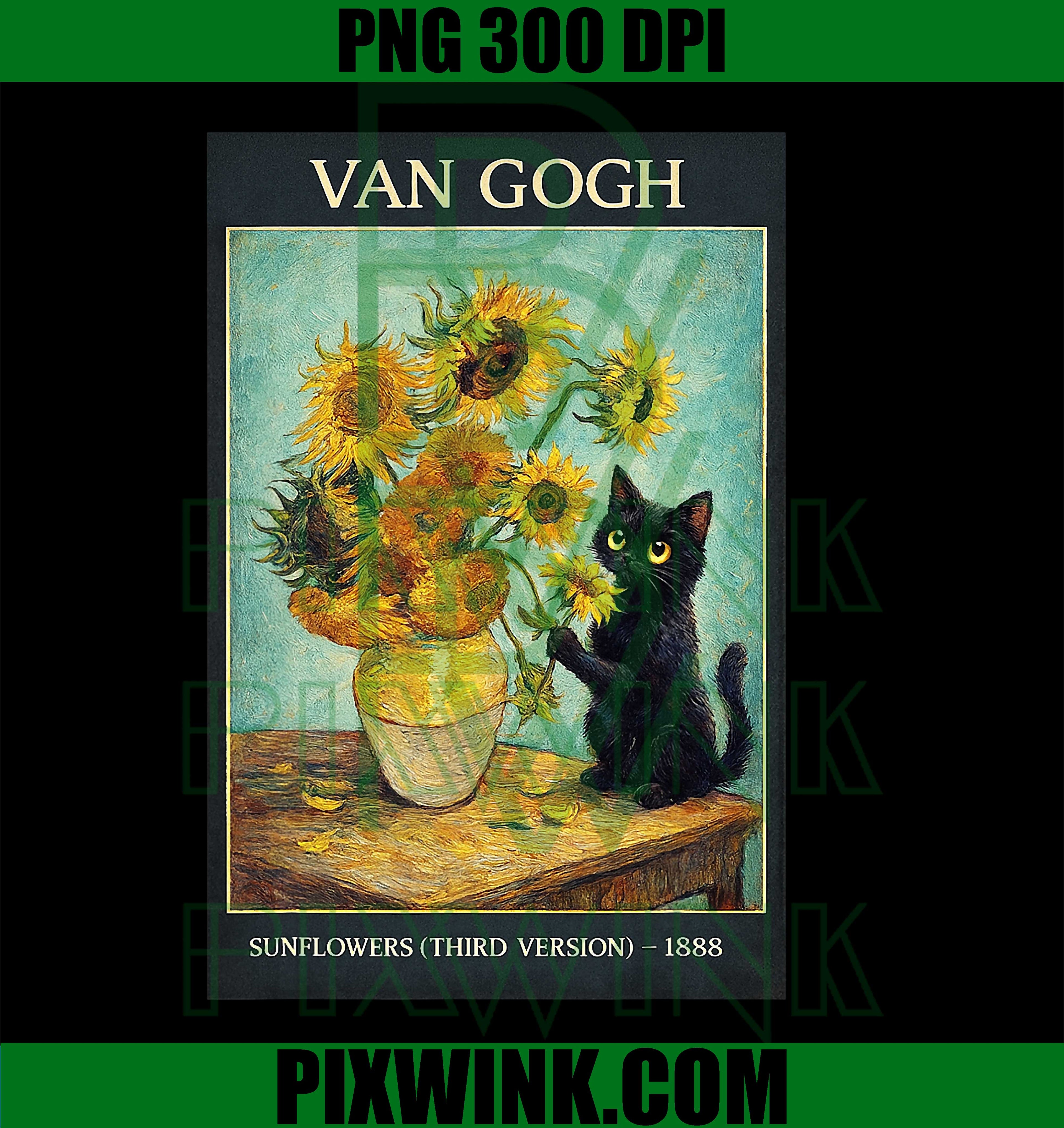 Black Cat with Sunflowers Vintage Meme Painted Art Van Gogh PNG