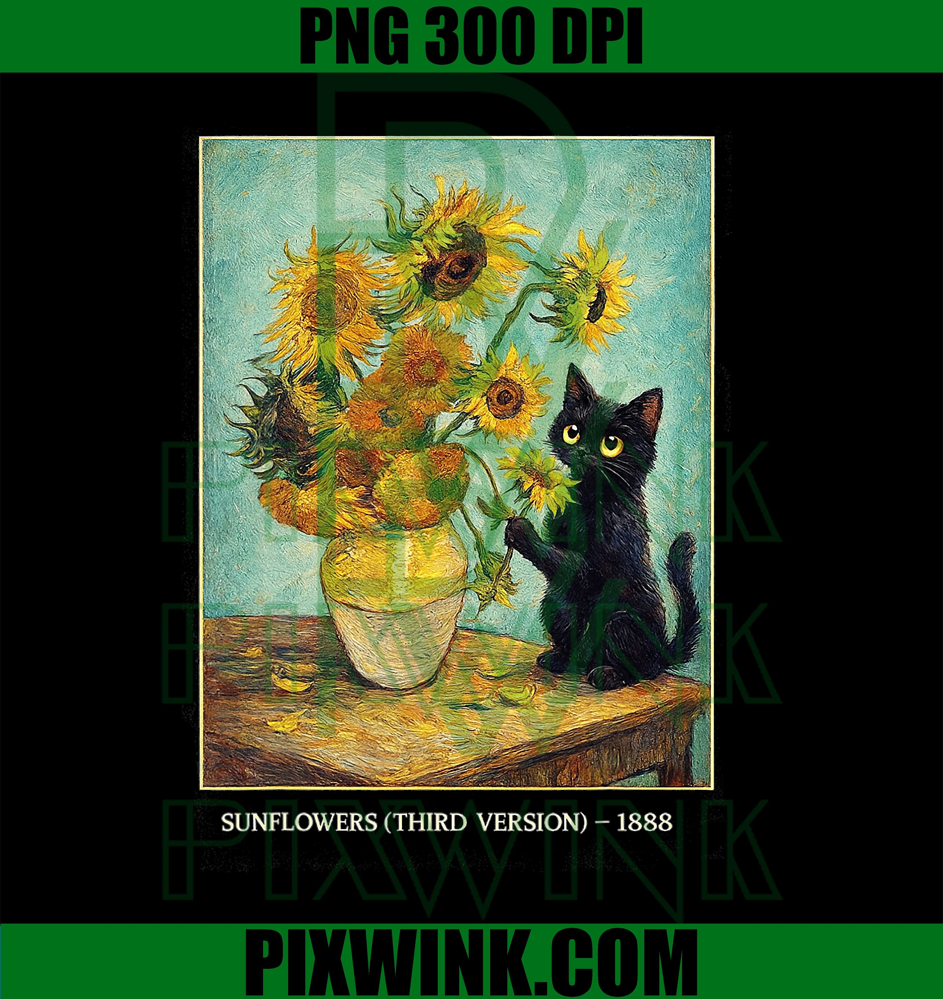 Black Cat with Sunflowers Vintage Meme Painted Art Van Gogh PNG