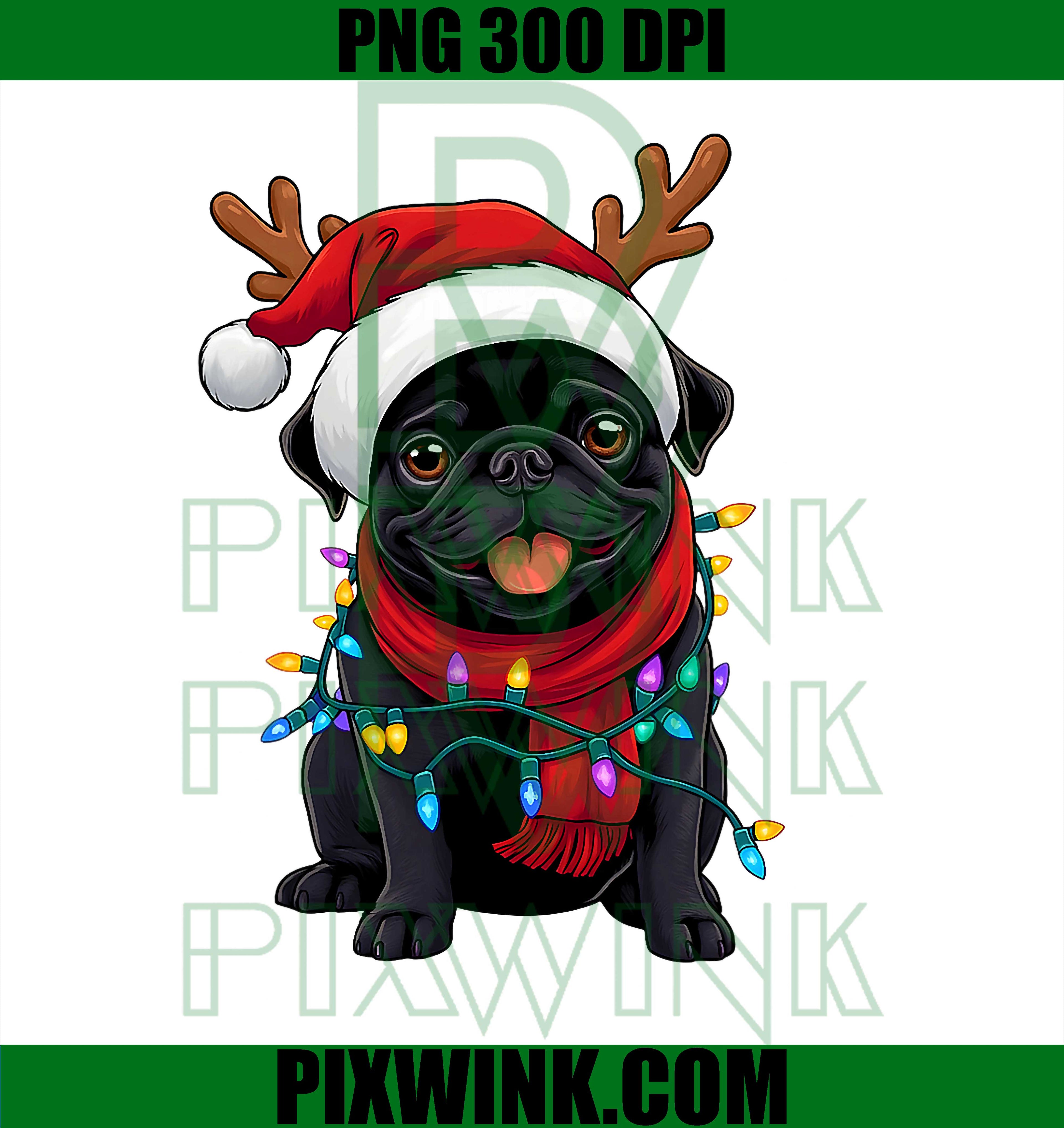 Black Pug Dog Tree Christmas Lights PNG