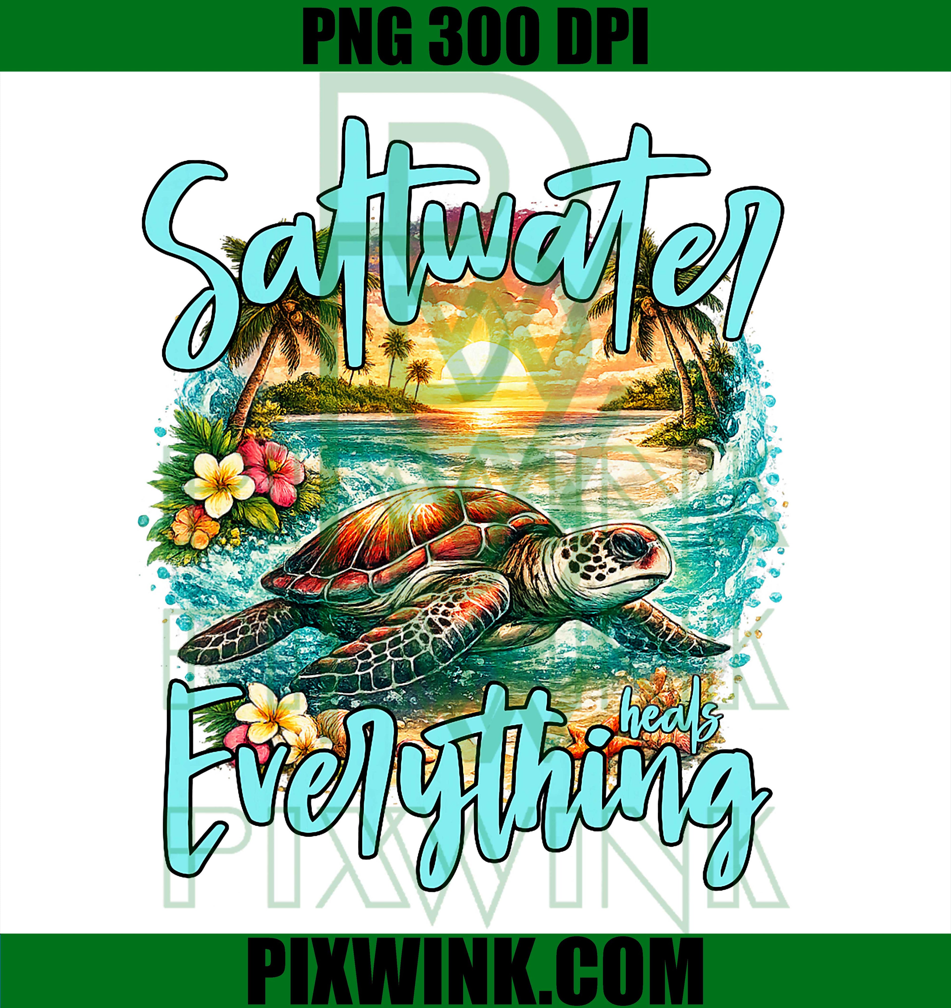 Saltwater Heals PNG, Sea Turtle Beach PNG, Tropical Ocean PNG