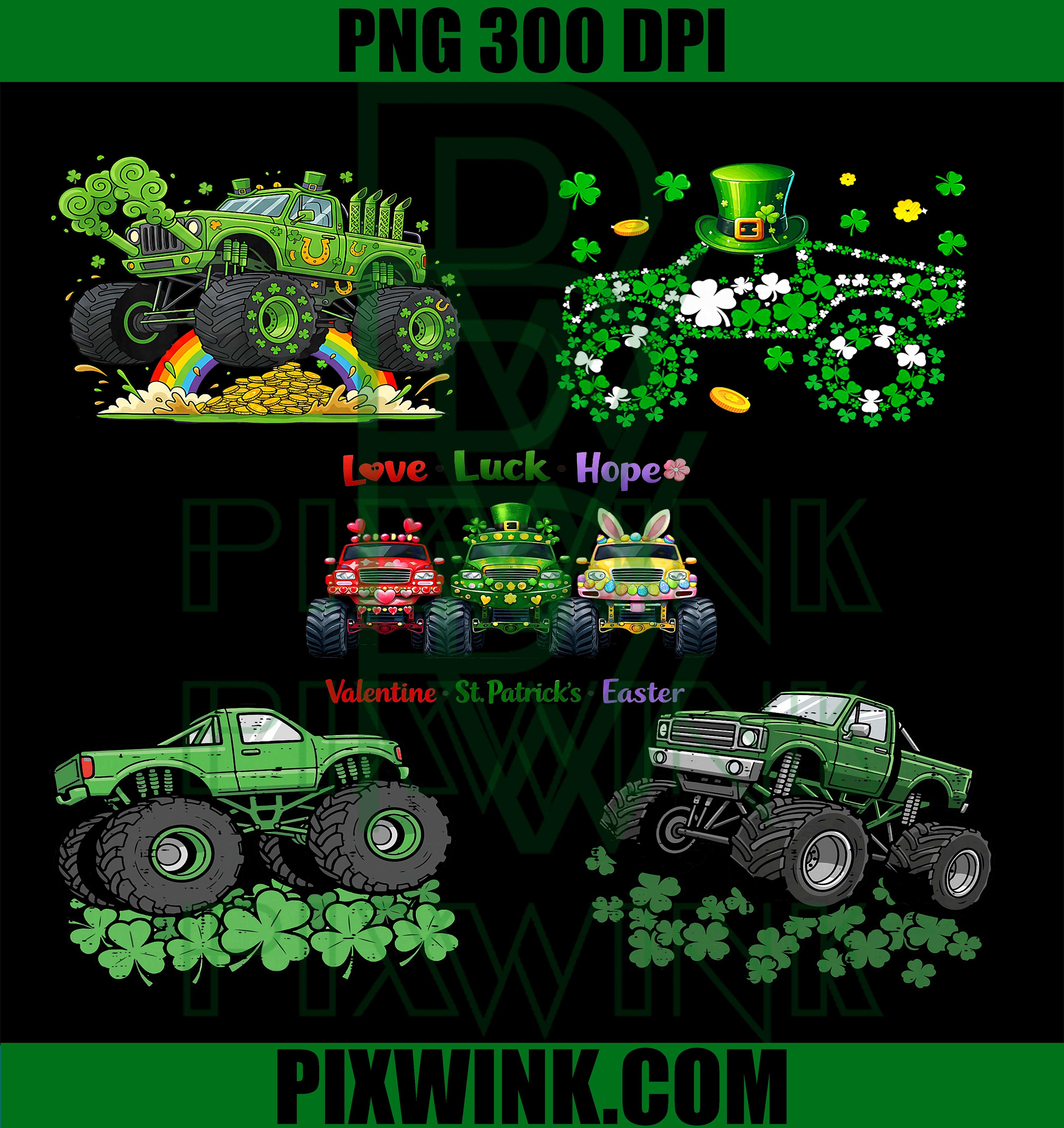 St Patrick’s Day Monster Truck PNG Bundle, Shamrock Truck Clipart