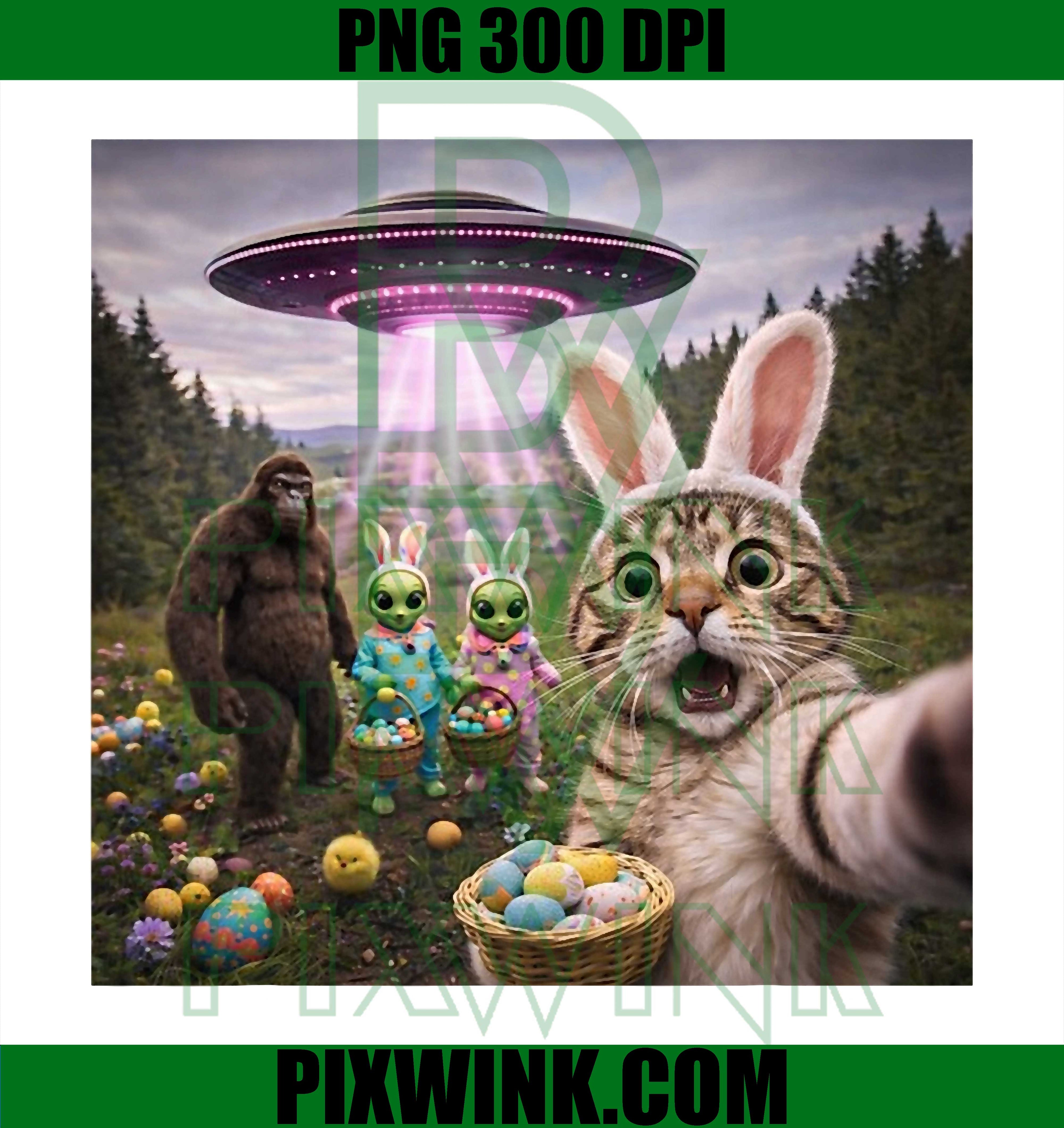 Funny Cat Alien Bigfoot PNG, UFO Cat Selfie PNG, Easter Cat Meme PNG