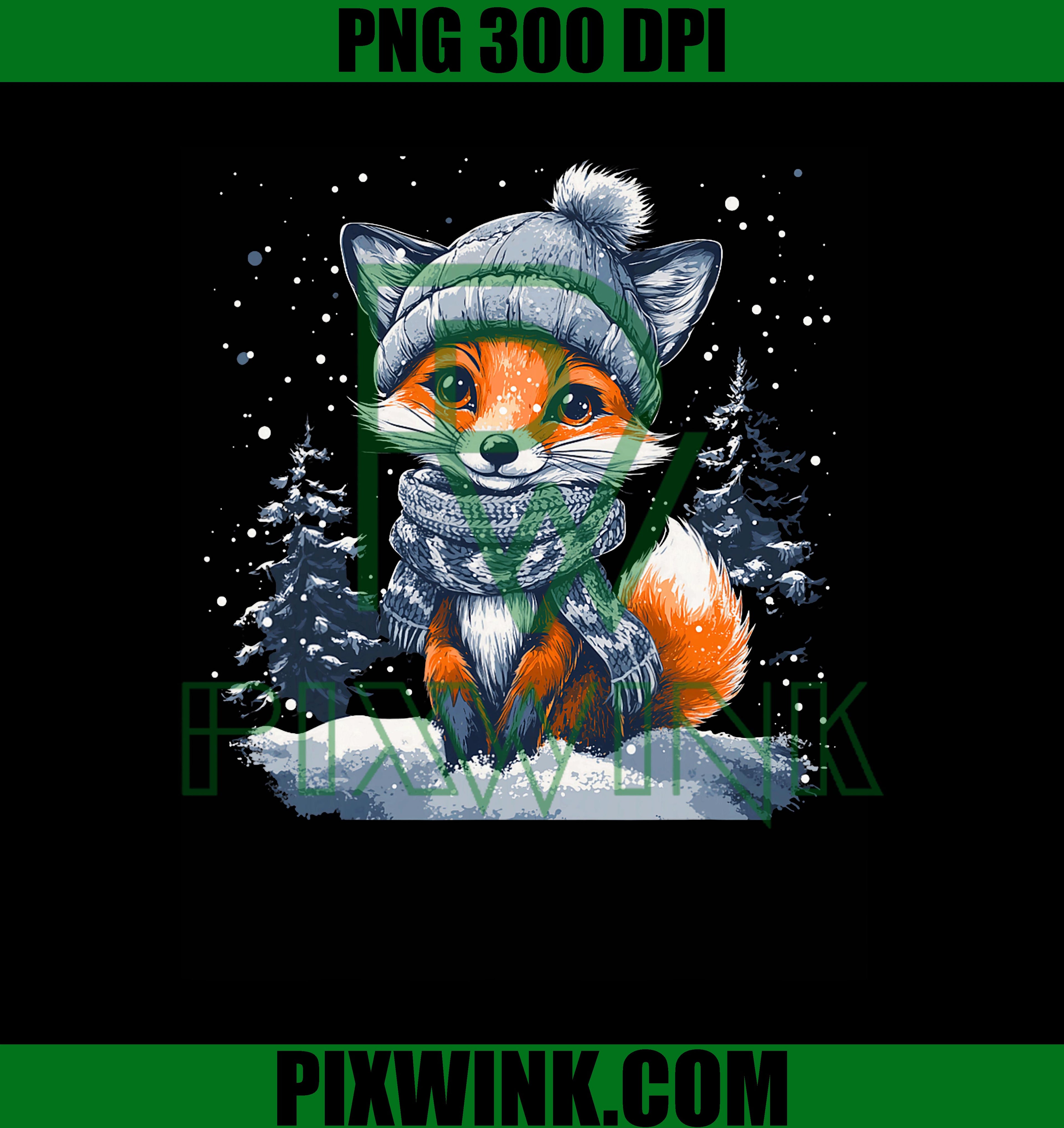 Fox Wearing Winter Hat & Scarf Snowy Christmas